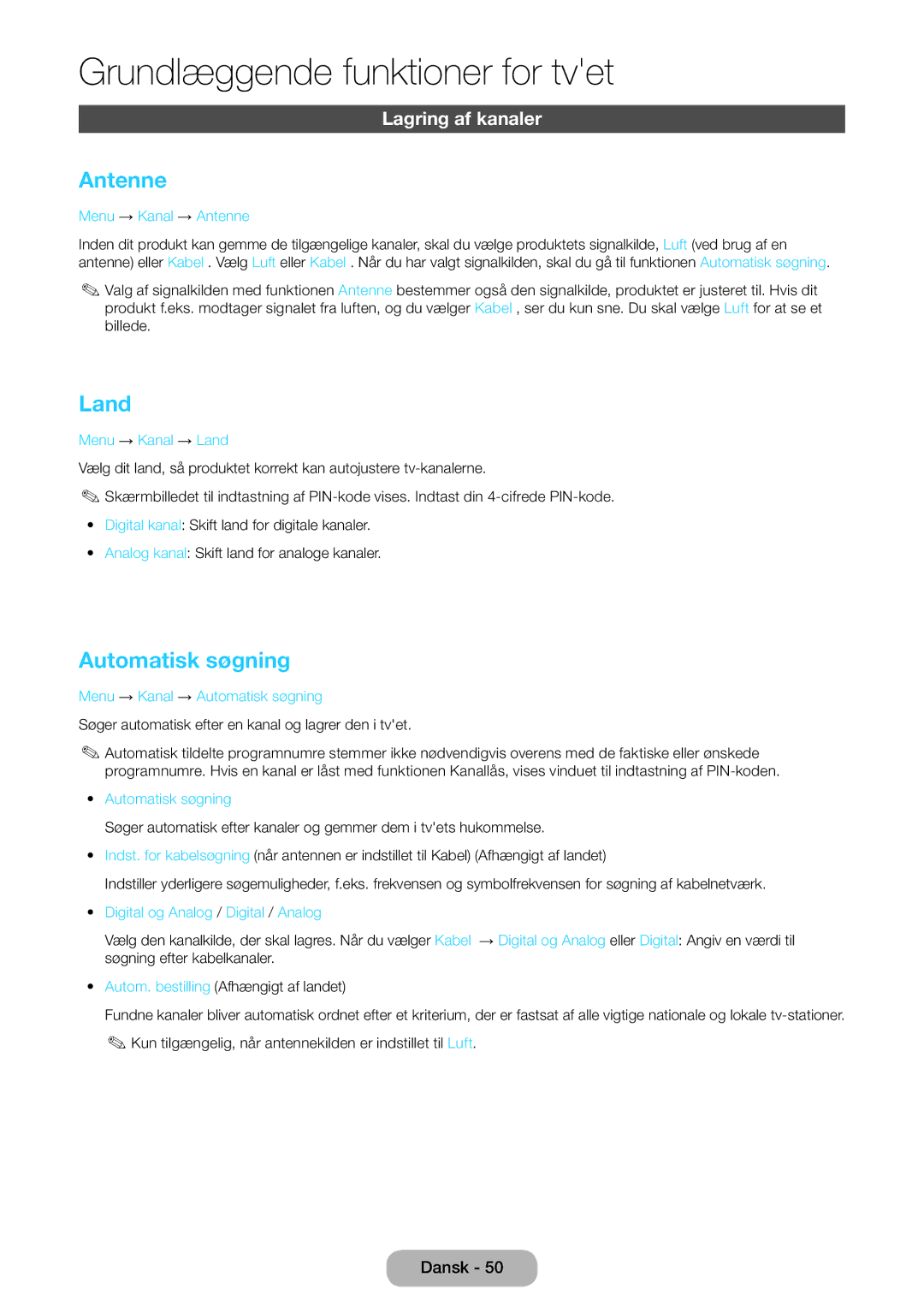 Samsung LT24B750EX/XE, LT27B750EX/XE manual Antenne, Land, Automatisk søgning, Lagring af kanaler 