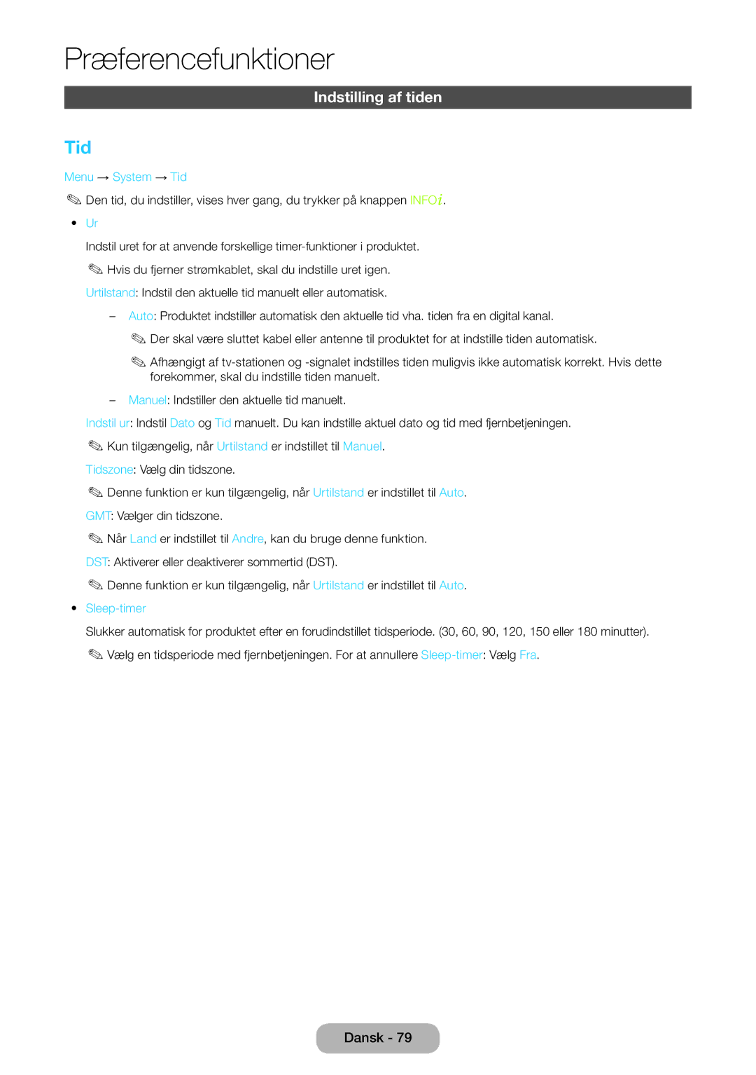 Samsung LT27B750EX/XE, LT24B750EX/XE manual Indstilling af tiden, Menu → System → Tid, Sleep-timer 