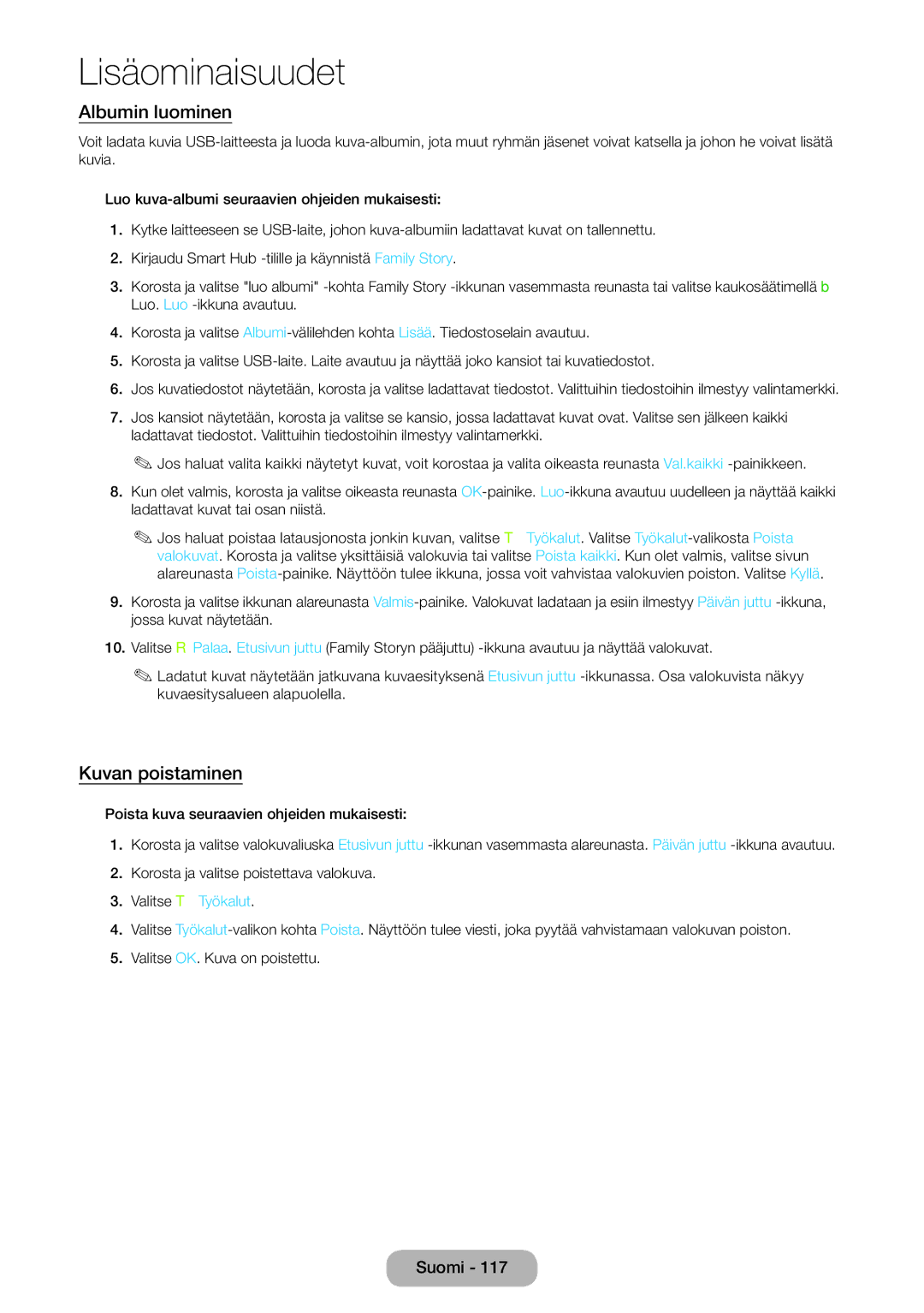 Samsung LT27B750EX/XE, LT24B750EX/XE manual Albumin luominen, Kuvan poistaminen 