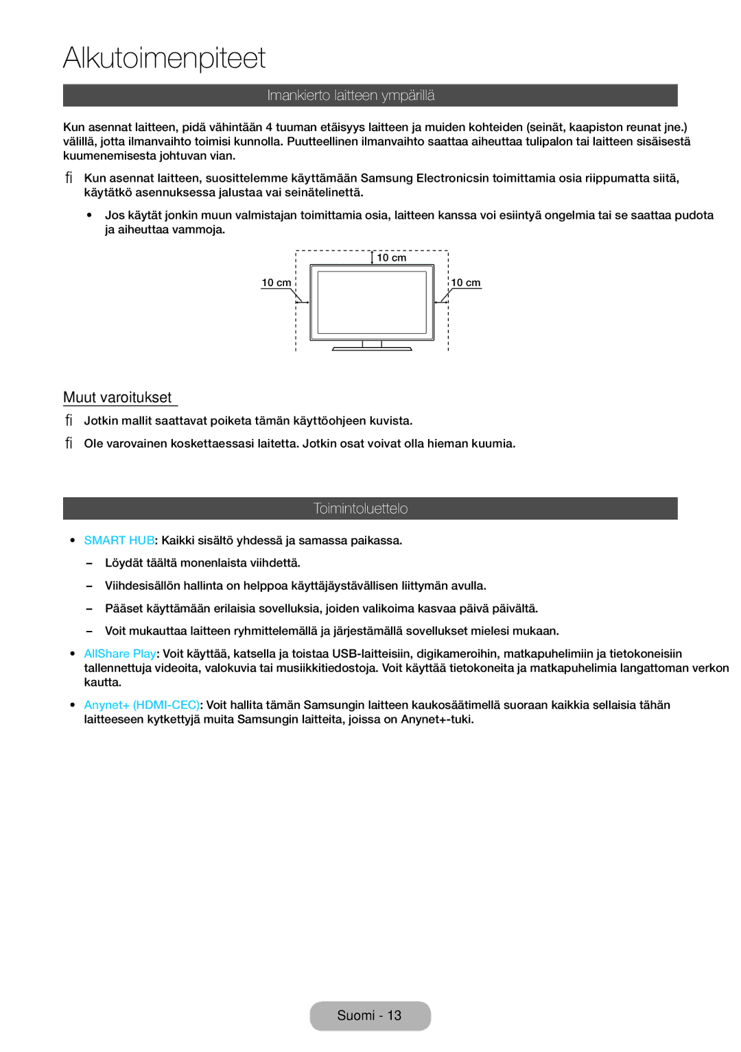 Samsung LT27B750EX/XE, LT24B750EX/XE manual Ilmankierto laitteen ympärillä, Muut varoitukset, Toimintoluettelo 