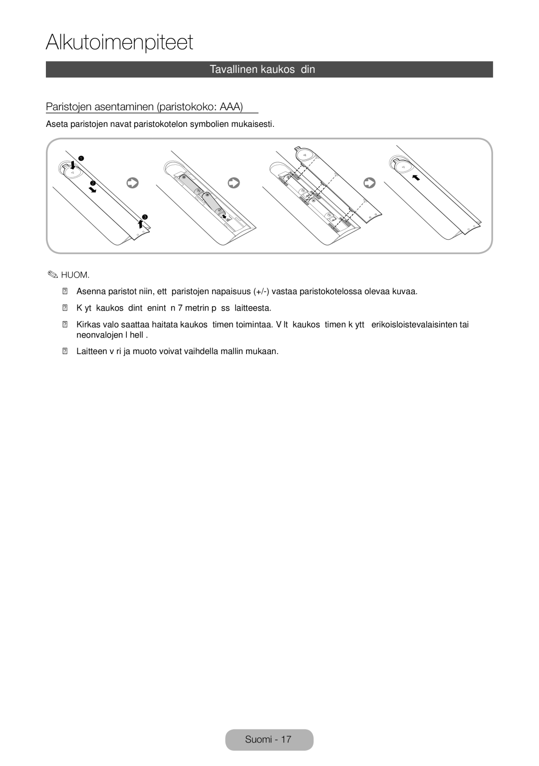 Samsung LT27B750EX/XE, LT24B750EX/XE manual Tavallinen kaukosäädin, Paristojen asentaminen paristokoko AAA 