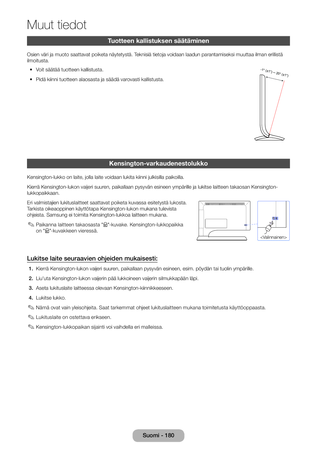 Samsung LT24B750EX/XE, LT27B750EX/XE manual Tuotteen kallistuksen säätäminen, Kensington-varkaudenestolukko 