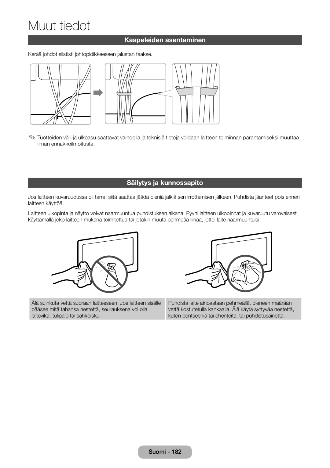 Samsung LT24B750EX/XE, LT27B750EX/XE manual Kaapeleiden asentaminen, Säilytys ja kunnossapito 