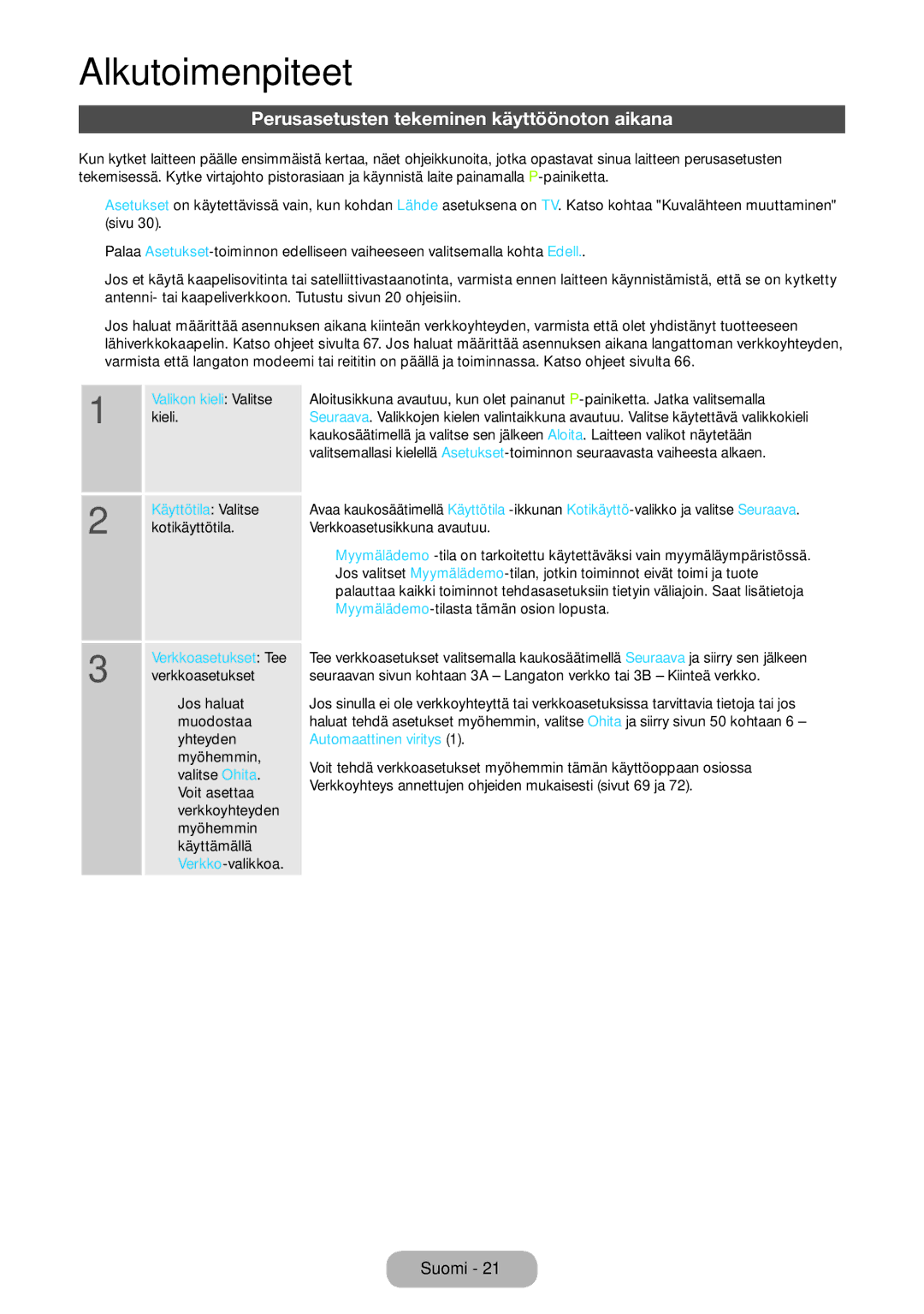 Samsung LT27B750EX/XE, LT24B750EX/XE manual Perusasetusten tekeminen käyttöönoton aikana, Kieli, Kotikäyttötila 