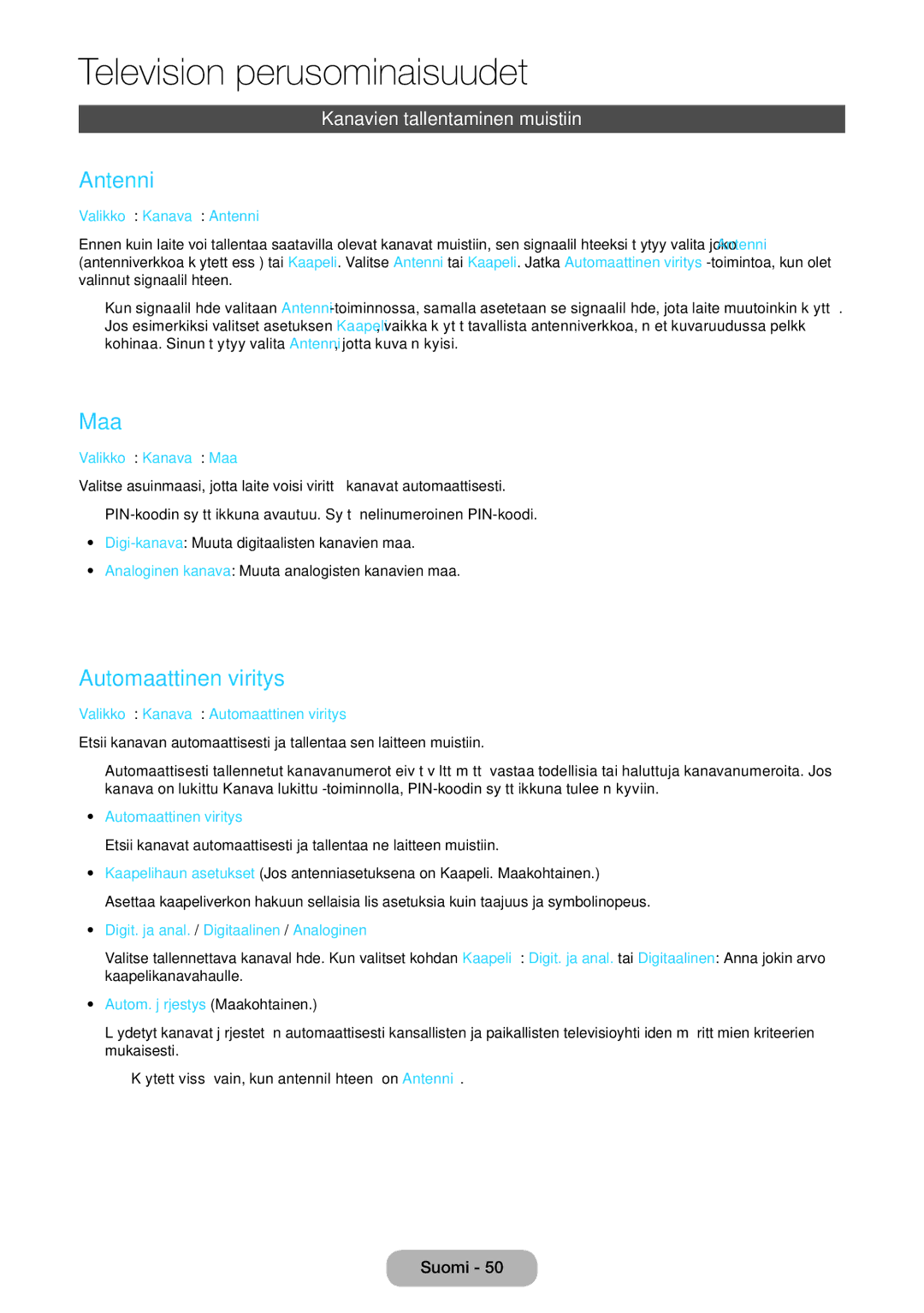 Samsung LT24B750EX/XE, LT27B750EX/XE manual Antenni, Maa, Automaattinen viritys, Kanavien tallentaminen muistiin 