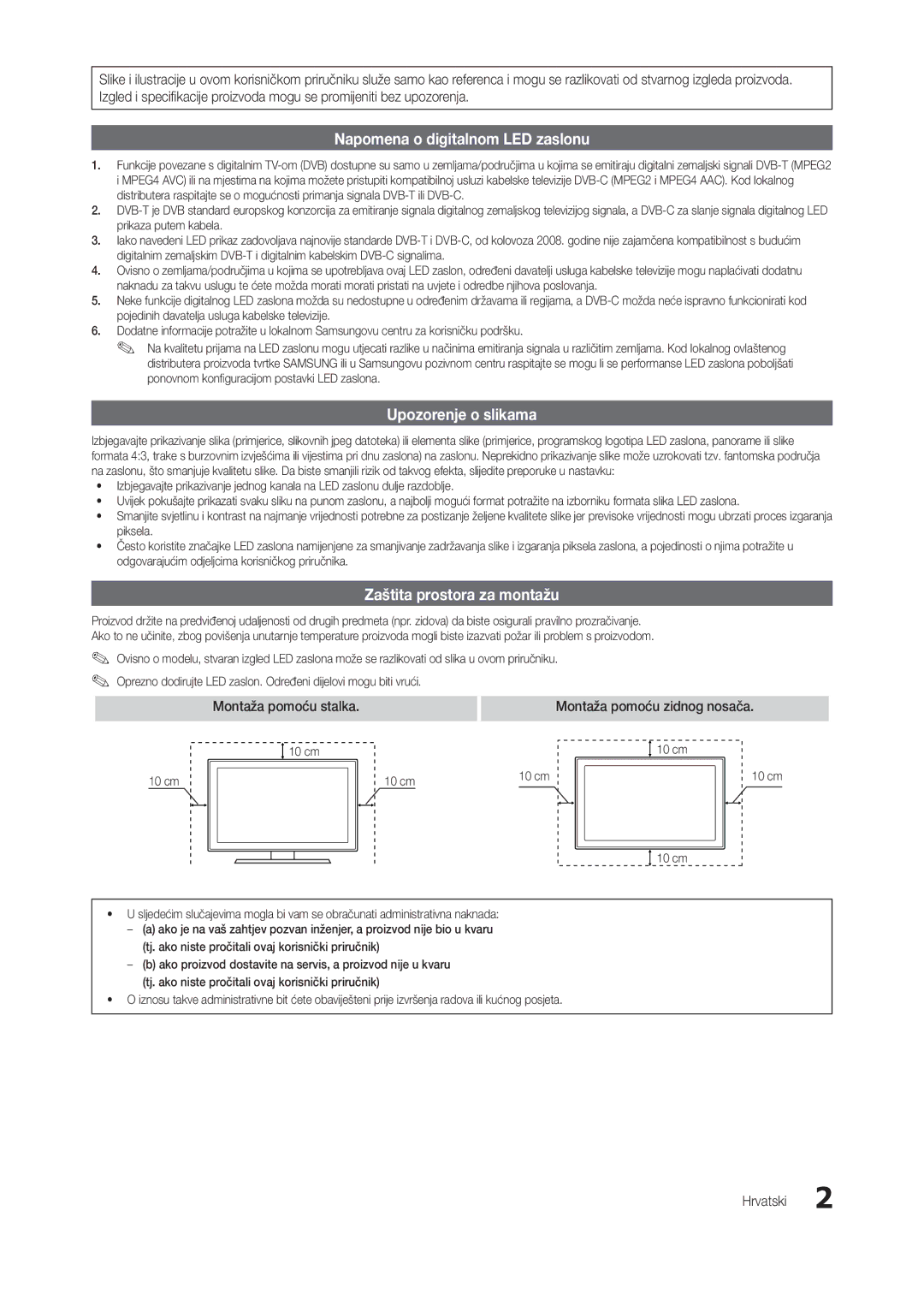 Samsung LT24C300EW/EN, LT22C300EW/EN Napomena o digitalnom LED zaslonu, Upozorenje o slikama, Zaštita prostora za montažu 