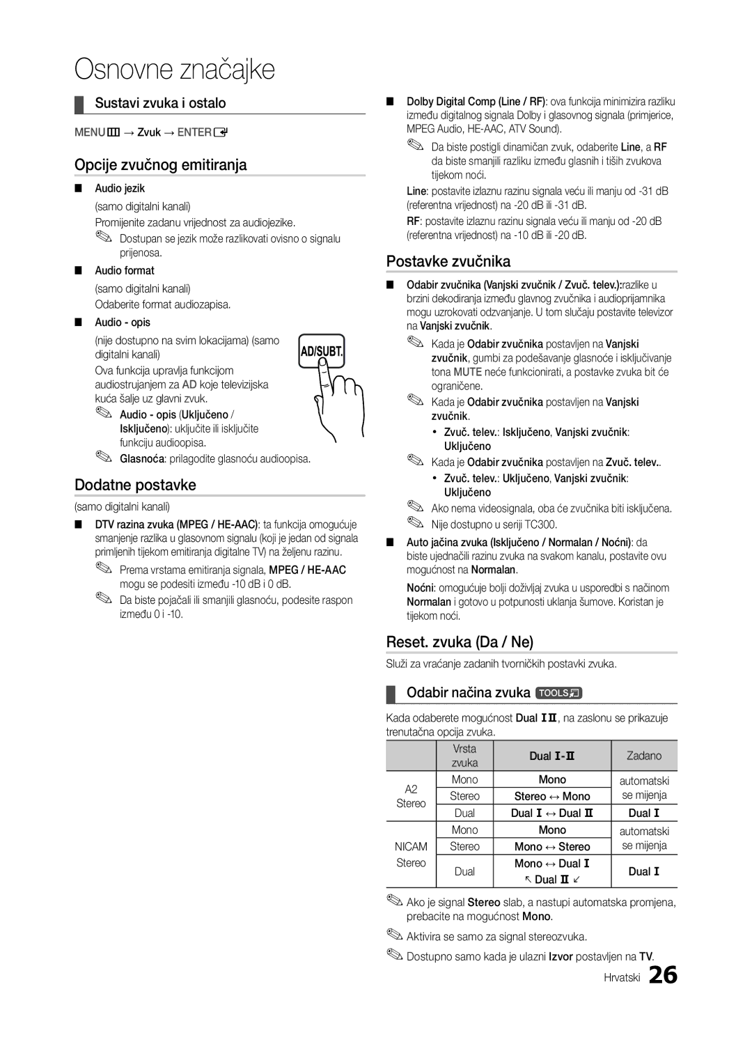 Samsung LT24C300EW/EN, LT22C300EW/EN Opcije zvučnog emitiranja, Dodatne postavke, Postavke zvučnika, Reset. zvuka Da / Ne 