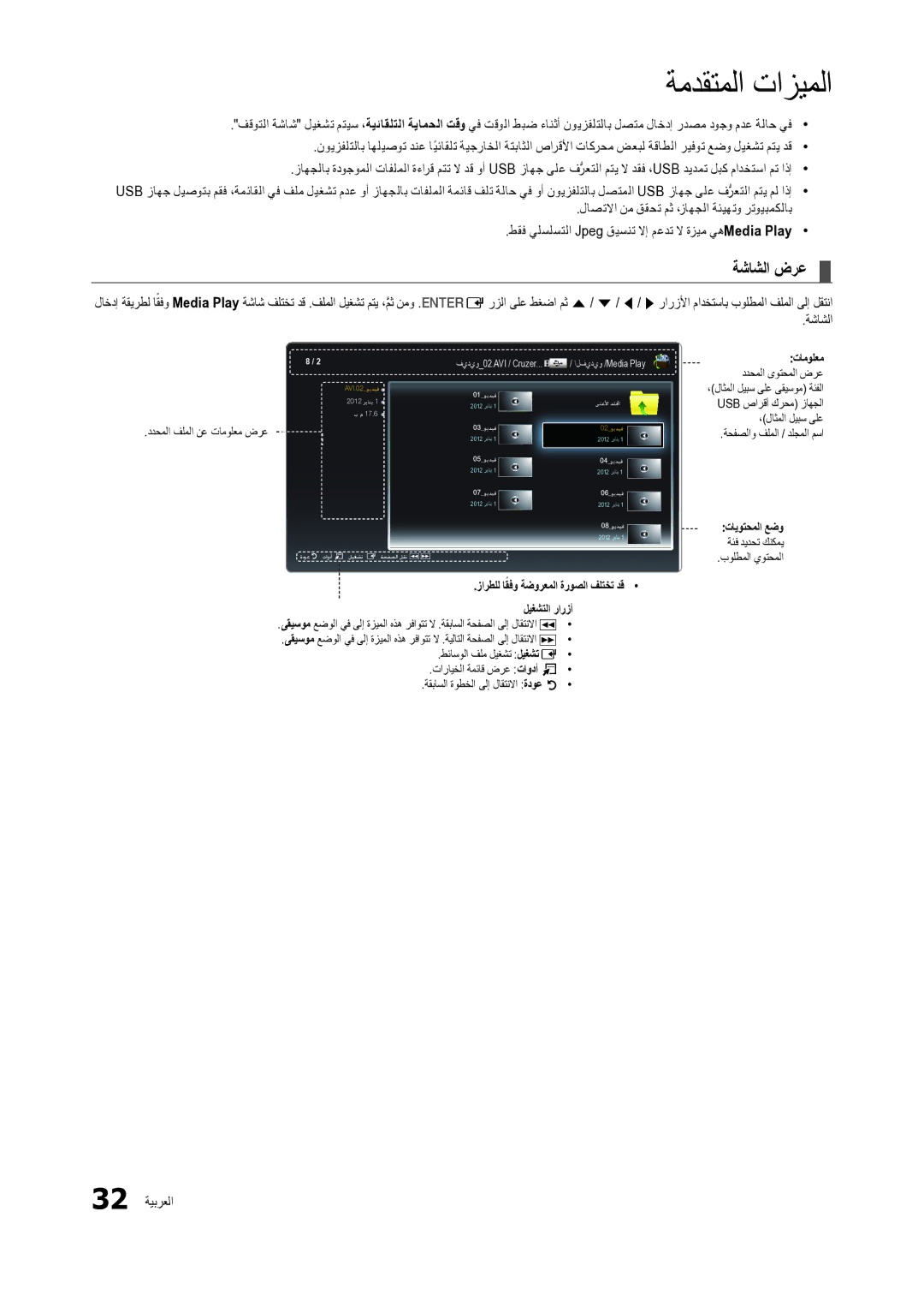 Samsung LT24C300EW/EN manual ةشاشلا ضرع, 32 ةيبرعلا, تايوتحملا عضو, زارطلل اقفوً ةضورعملا ةروصلا فلتخت دق ليغشتلا رارزأ 