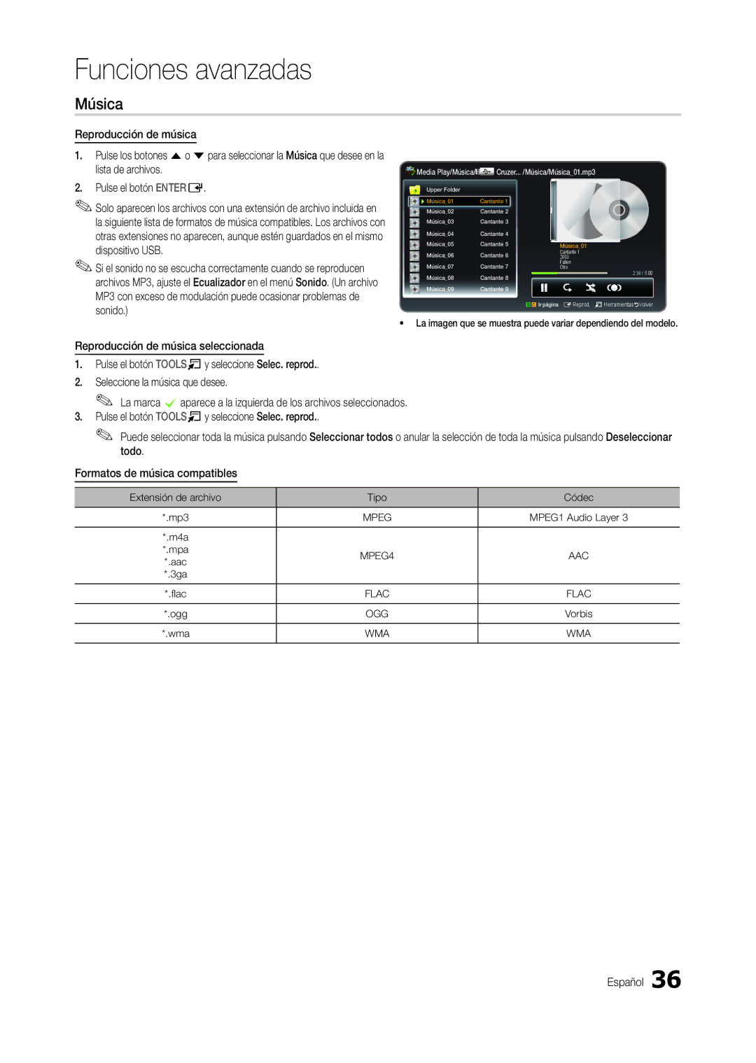 Samsung LT24C300EWZ/EN, LT19C300EW/EN, LT24C300EW/EN, LT22C300EW/EN manual Música, Tipo Códec, Mpeg, MPEG4, Ogg 