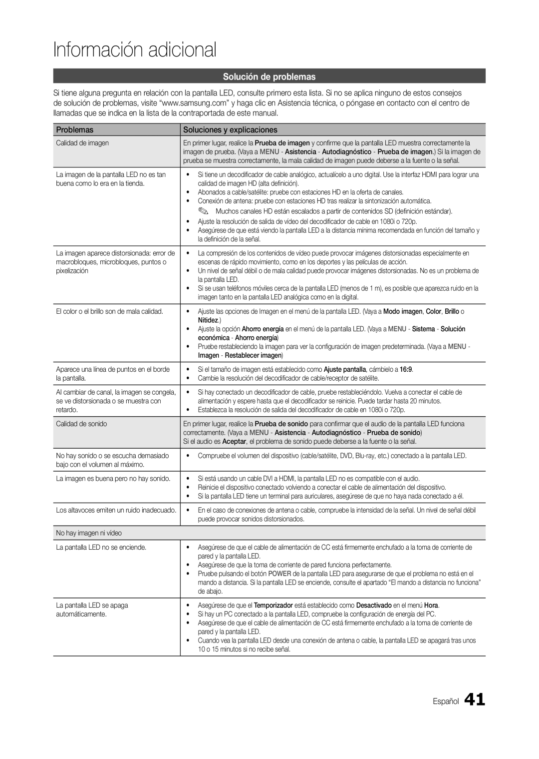 Samsung LT19C300EW/EN, LT24C300EWZ/EN, LT24C300EW/EN manual Solución de problemas, Problemas Soluciones y explicaciones 