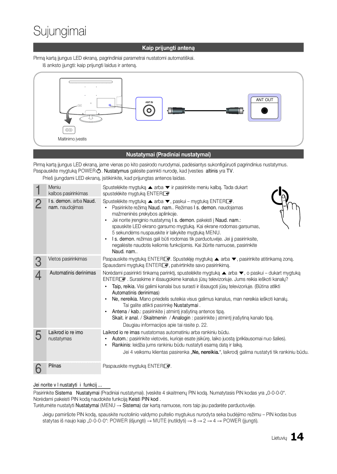 Samsung LT24C300EW/EN, LT24C300EWZ/EN, LT19C300EW/EN Sujungimai, Kaip prijungti anteną, Nustatymai Pradiniai nustatymai 