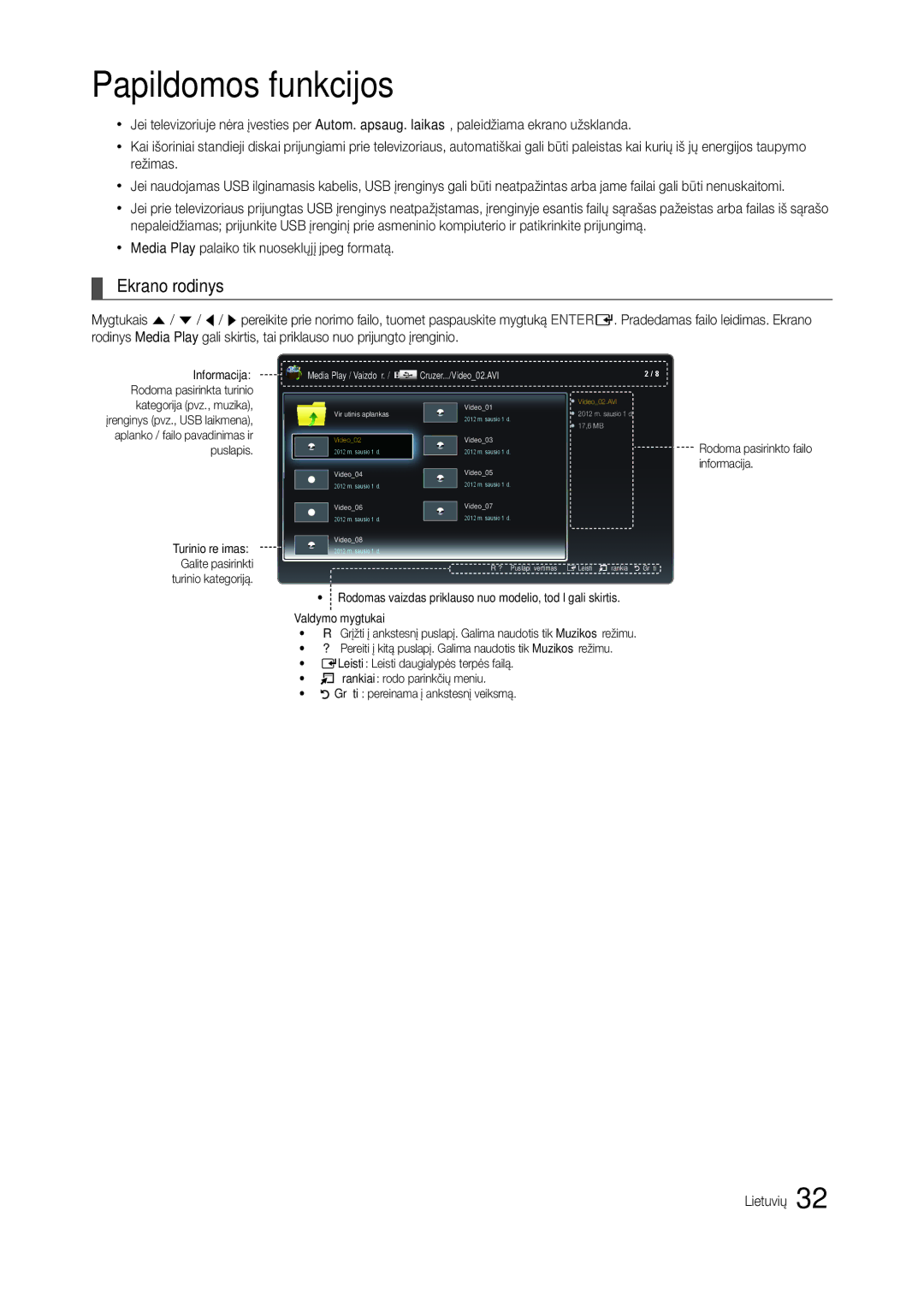 Samsung LT24C300EWZ/EN, LT19C300EW/EN, LT24C300EW/EN manual Ekrano rodinys, Media Play palaiko tik nuoseklųjį jpeg formatą 