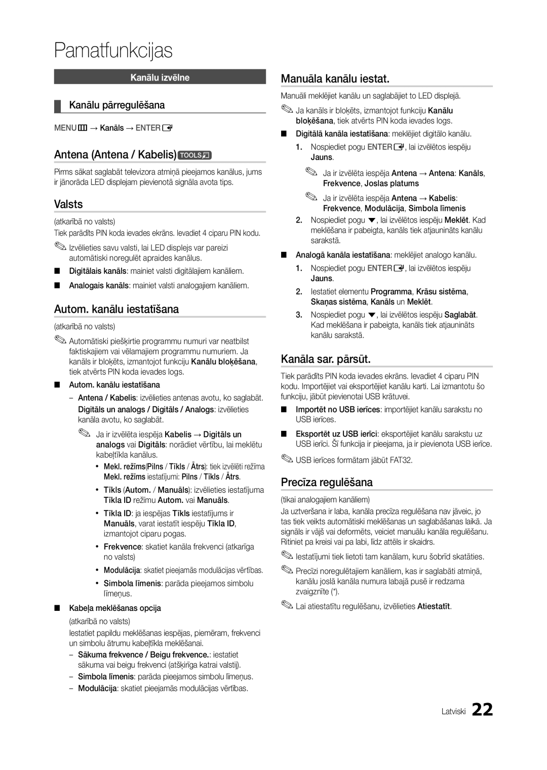 Samsung LT24C300EW/EN, LT24C300EWZ/EN Antena Antena / Kabelist, Valsts, Autom. kanālu iestatīšana, Manuāla kanālu iestat 