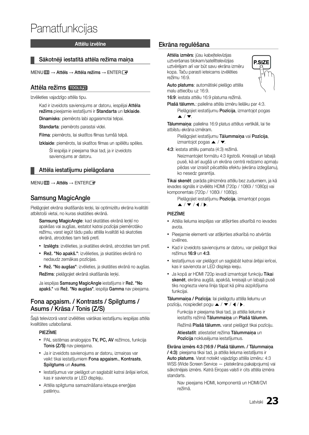 Samsung LT22C300EW/EN Attēla režīms t, Samsung MagicAngle, Ekrāna regulēšana, Sākotnēji iestatītā attēla režīma maiņa 