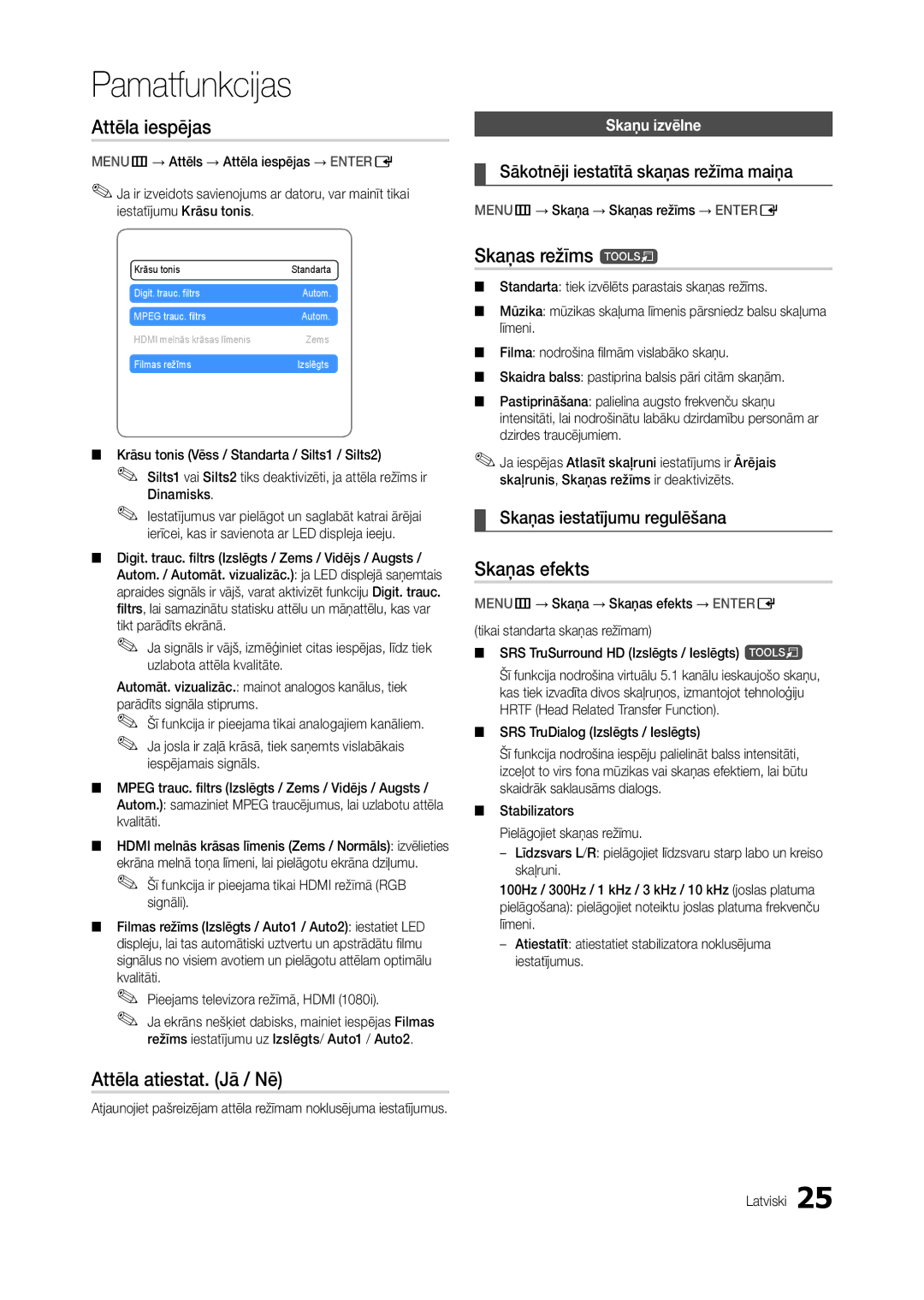 Samsung LT19C300EW/EN, LT24C300EWZ/EN manual Attēla iespējas, Attēla atiestat. Jā / Nē, Skaņas režīms t, Skaņas efekts 