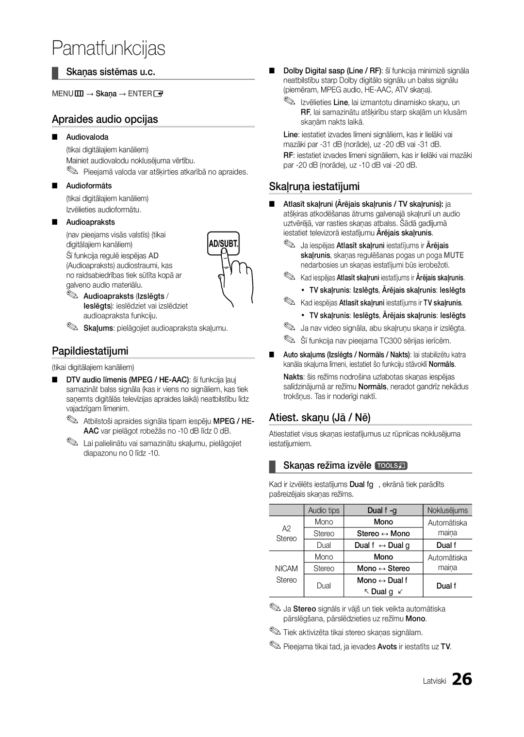 Samsung LT24C300EW/EN manual Apraides audio opcijas, Papildiestatījumi, Skaļruņa iestatījumi, Atiest. skaņu Jā / Nē 