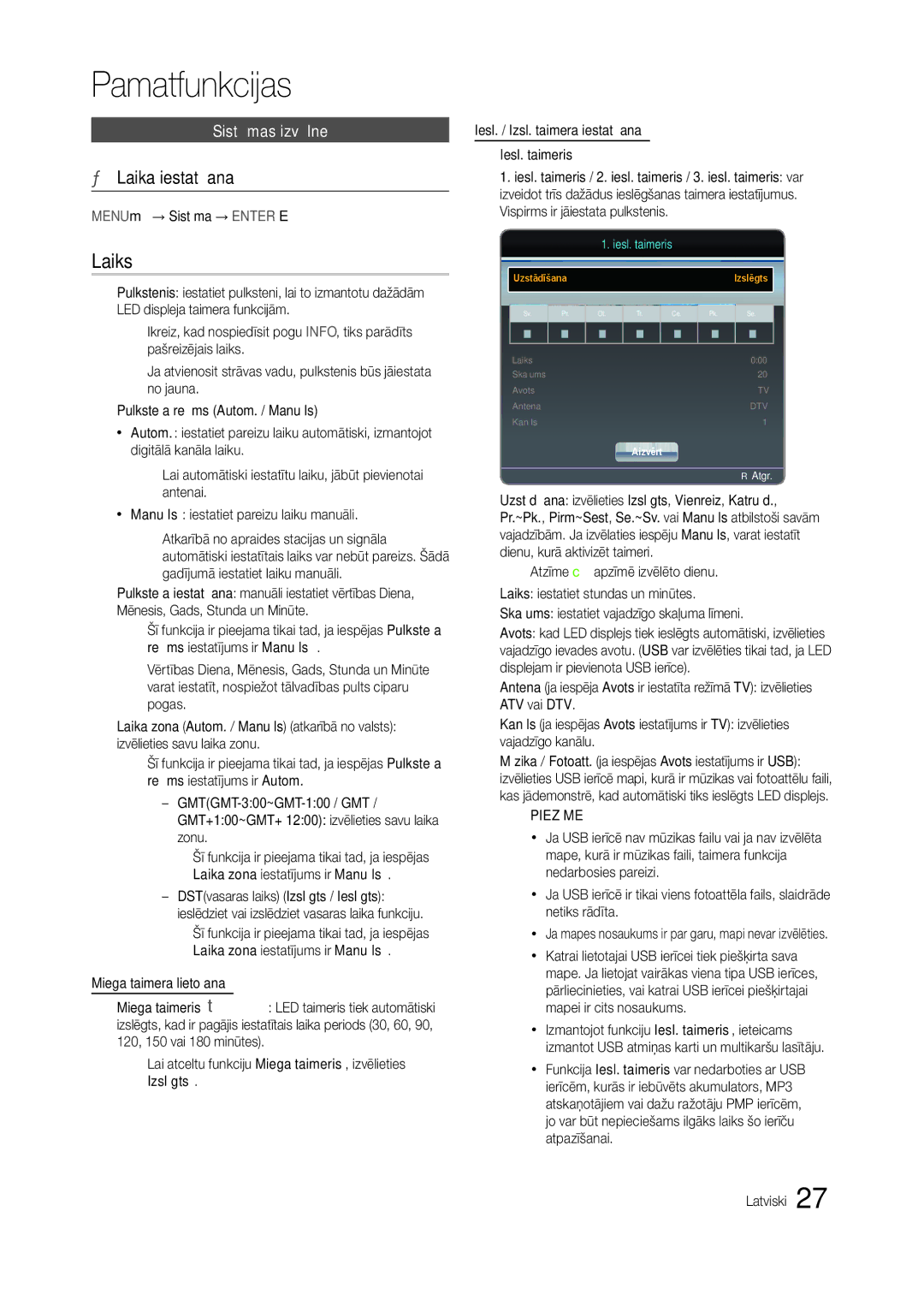 Samsung LT22C300EW/EN, LT24C300EWZ/EN, LT19C300EW/EN Laiks, Laika iestatīšana, Sistēmas izvēlne, MENUm→ Sistēma → Entere 