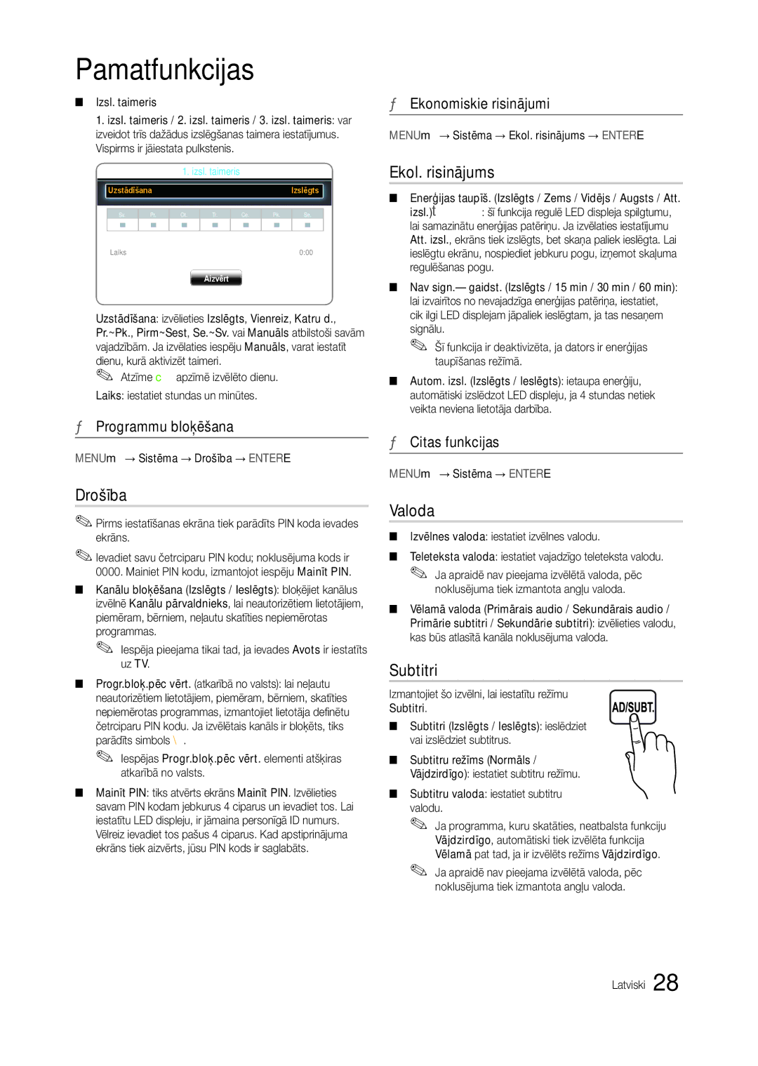 Samsung LT24C300EWZ/EN, LT19C300EW/EN, LT24C300EW/EN, LT22C300EW/EN manual Drošība, Ekol. risinājums, Valoda, Subtitri 