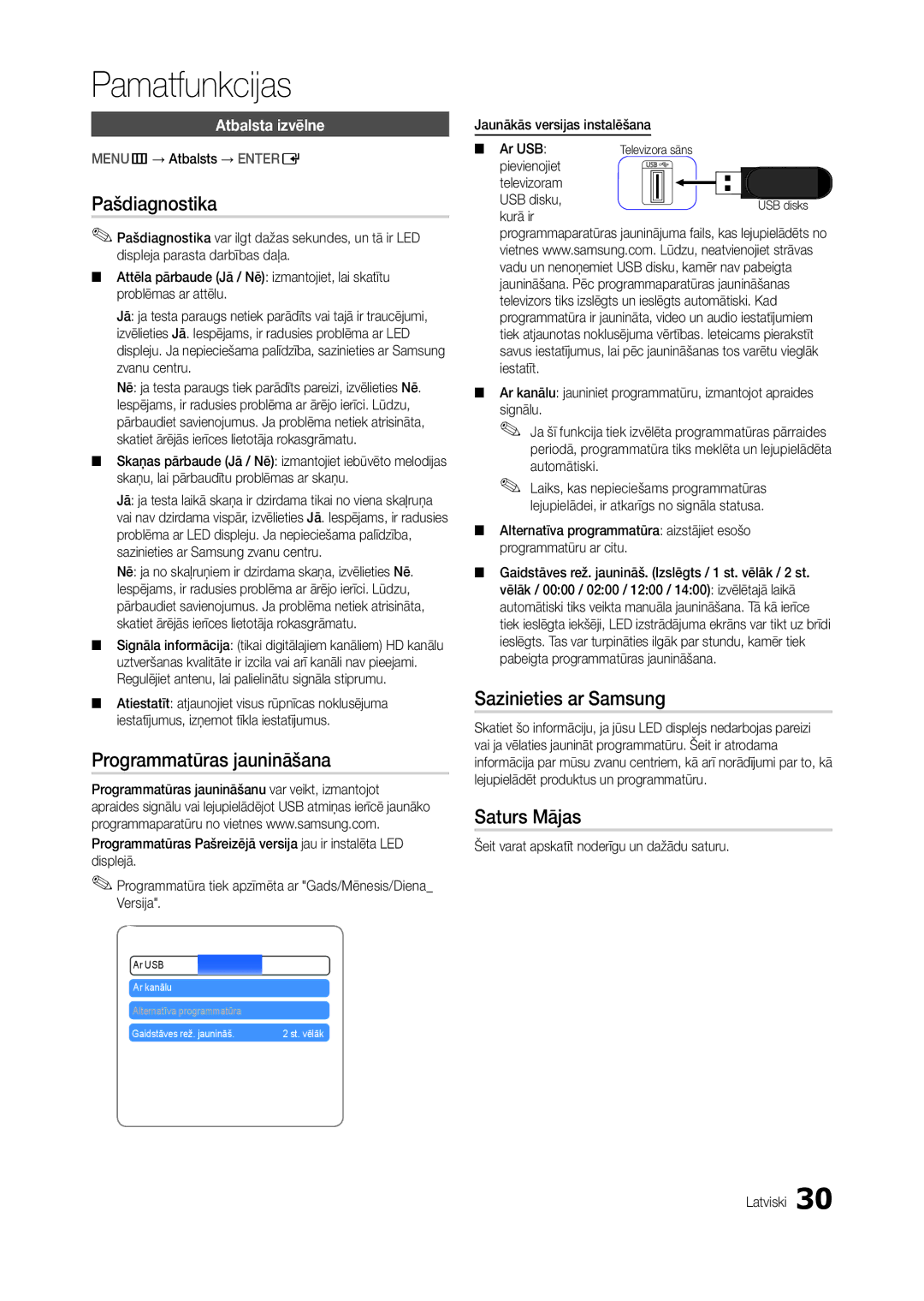 Samsung LT24C300EW/EN, LT24C300EWZ/EN Pašdiagnostika, Programmatūras jaunināšana, Sazinieties ar Samsung, Saturs Mājas 