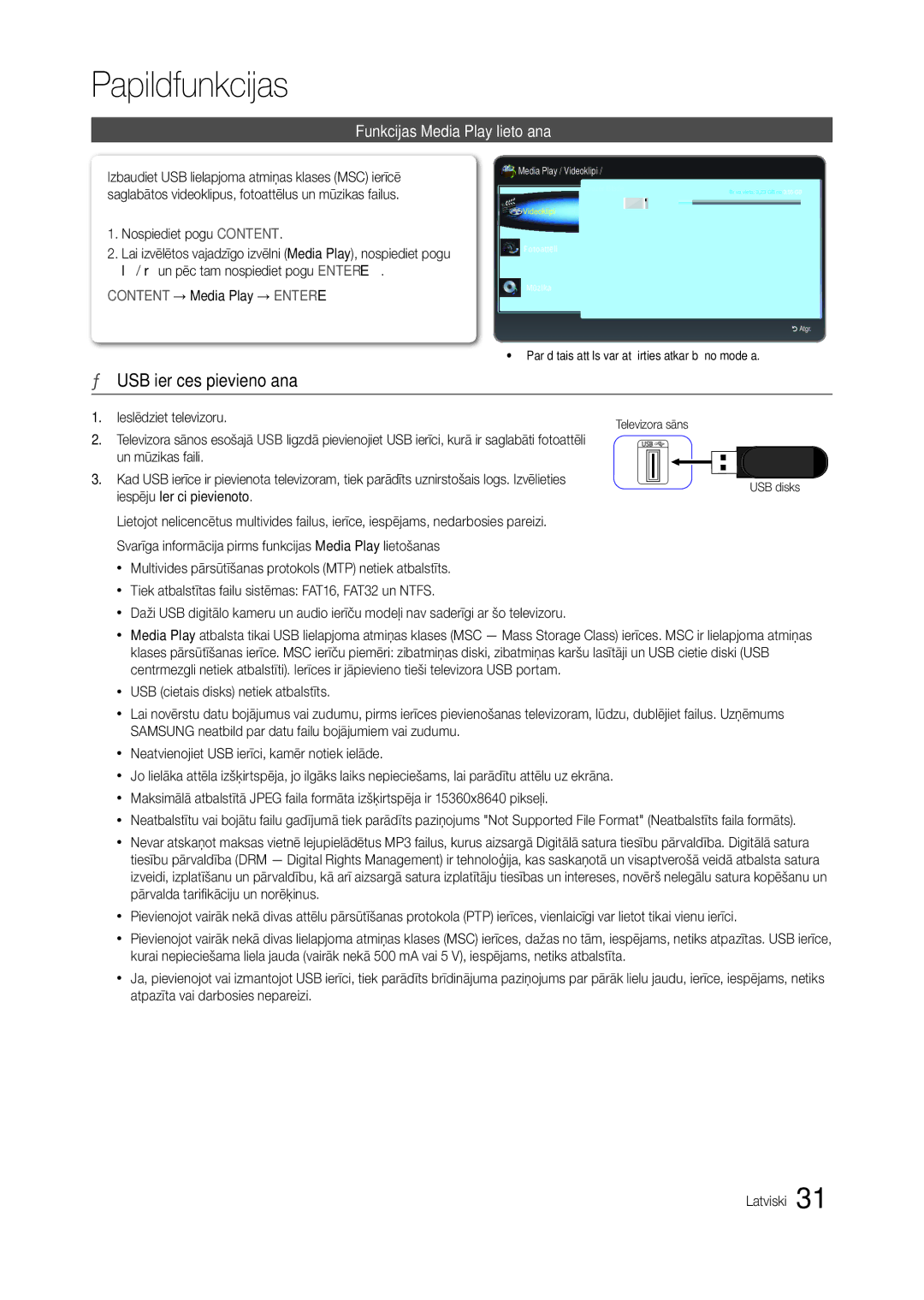 Samsung LT22C300EW/EN, LT24C300EWZ/EN manual Papildfunkcijas, USB ierīces pievienošana, Funkcijas Media Play lietošana 