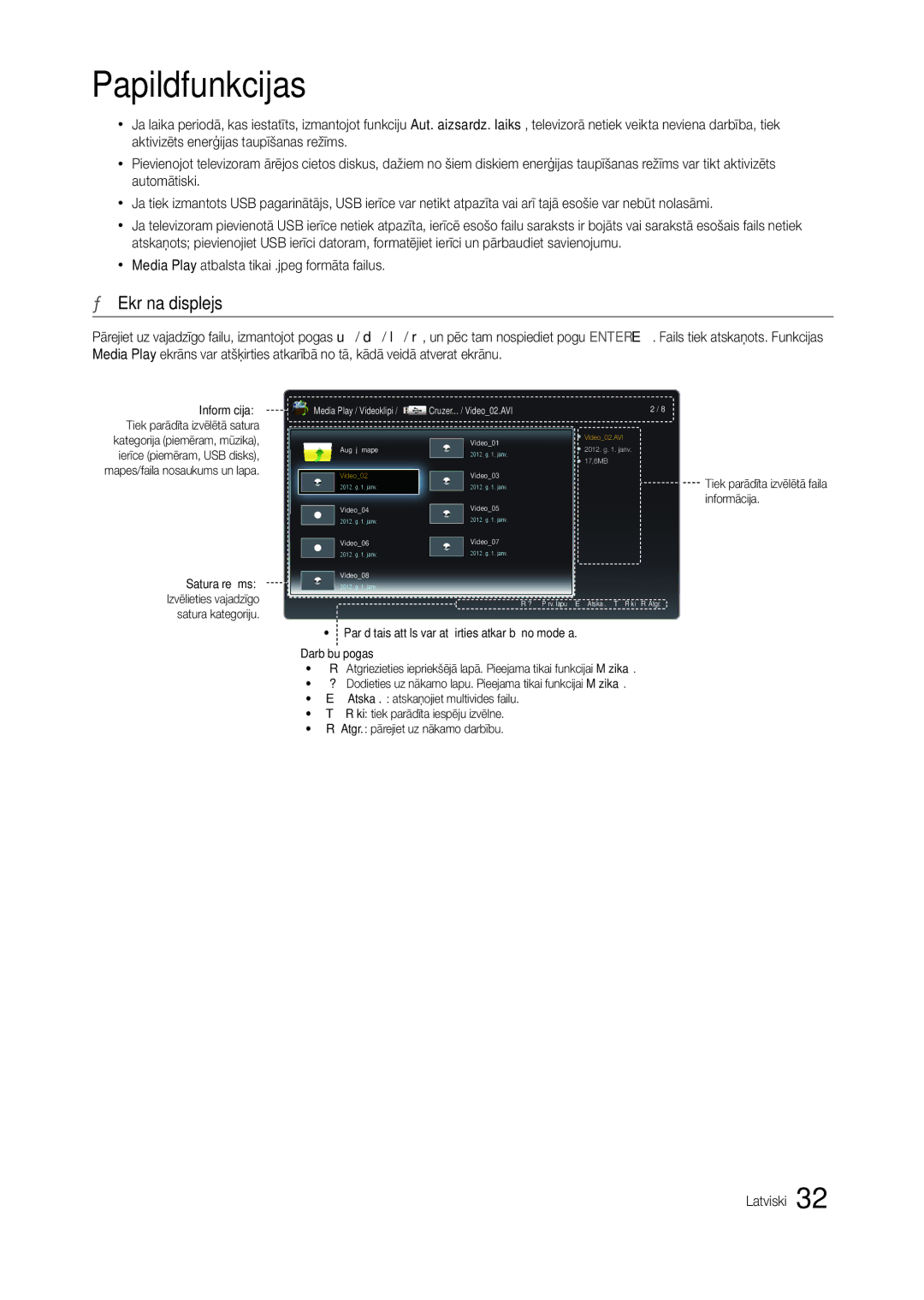 Samsung LT24C300EWZ/EN, LT19C300EW/EN, LT24C300EW/EN manual Ekrāna displejs, Media Play atbalsta tikai .jpeg formāta failus 