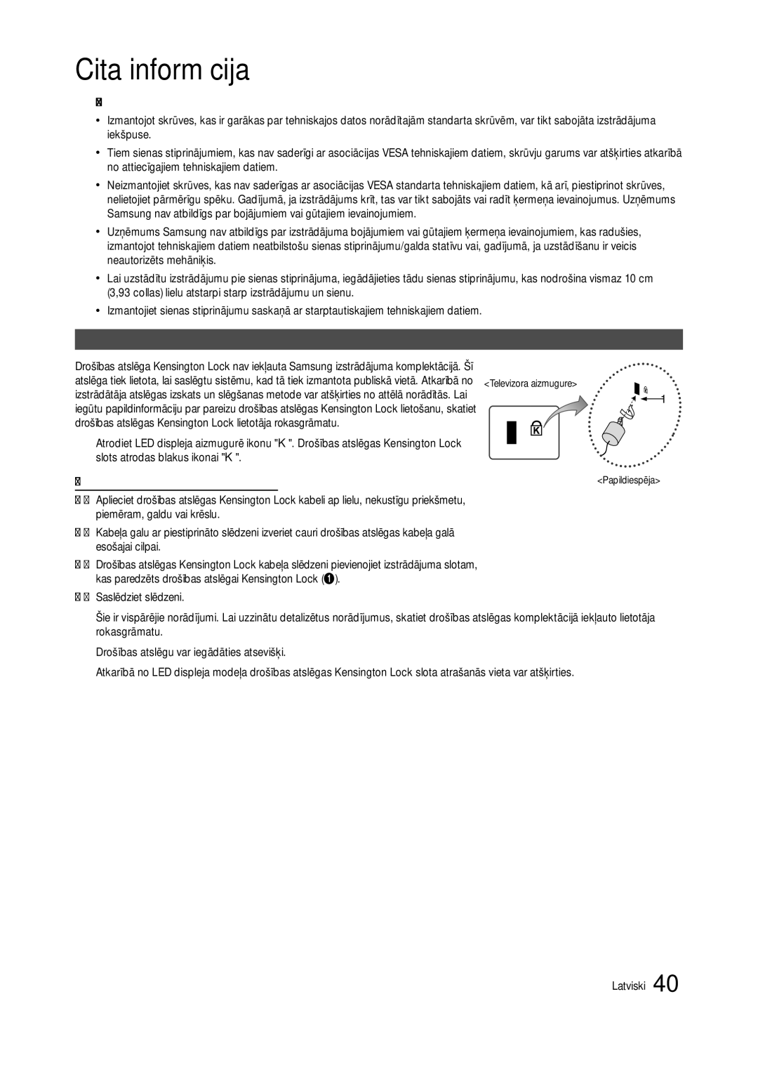 Samsung LT24C300EWZ/EN, LT19C300EW/EN, LT24C300EW/EN Drošības atslēga Kensington Lock, Saslēdziet slēdzeni, Papildiespēja 