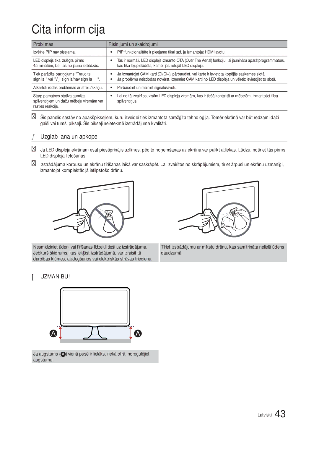 Samsung LT22C300EW/EN, LT24C300EWZ/EN, LT19C300EW/EN, LT24C300EW/EN manual Uzglabāšana un apkope 