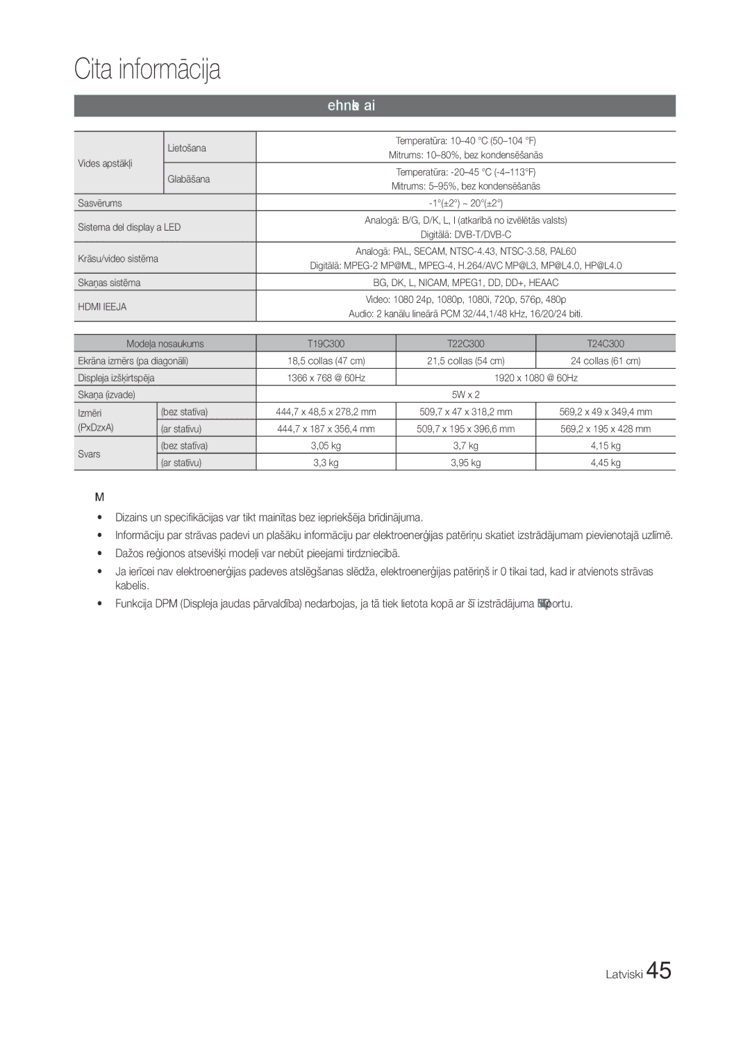 Samsung LT19C300EW/EN manual Lietošana Temperatūra 10-40 C 50-104 F, Vides apstākļi Glabāšana Temperatūra -20-45 C -4-113F 