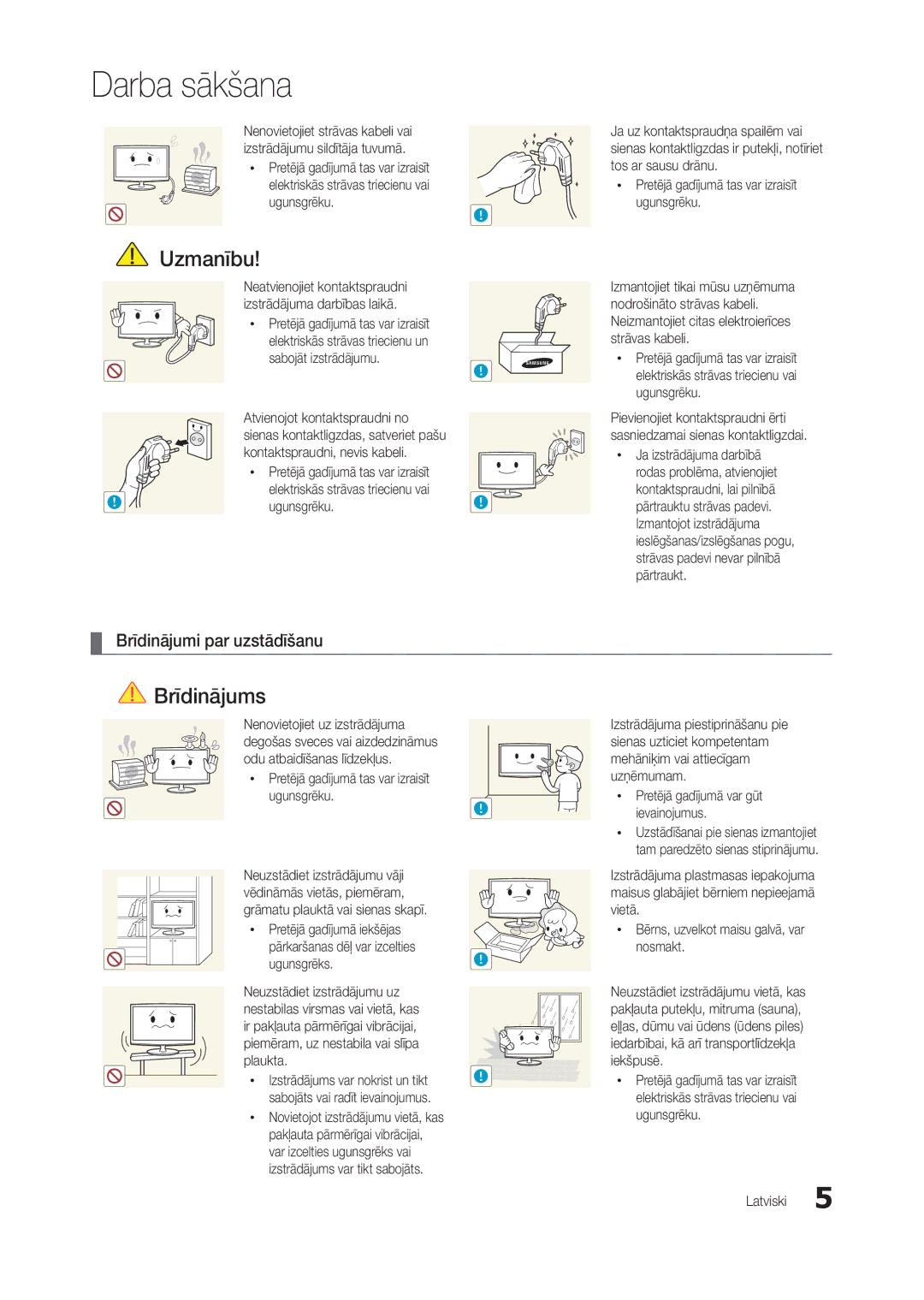 Samsung LT19C300EW/EN manual Brīdinājumi par uzstādīšanu, Neatvienojiet kontaktspraudni izstrādājuma darbības laikā 