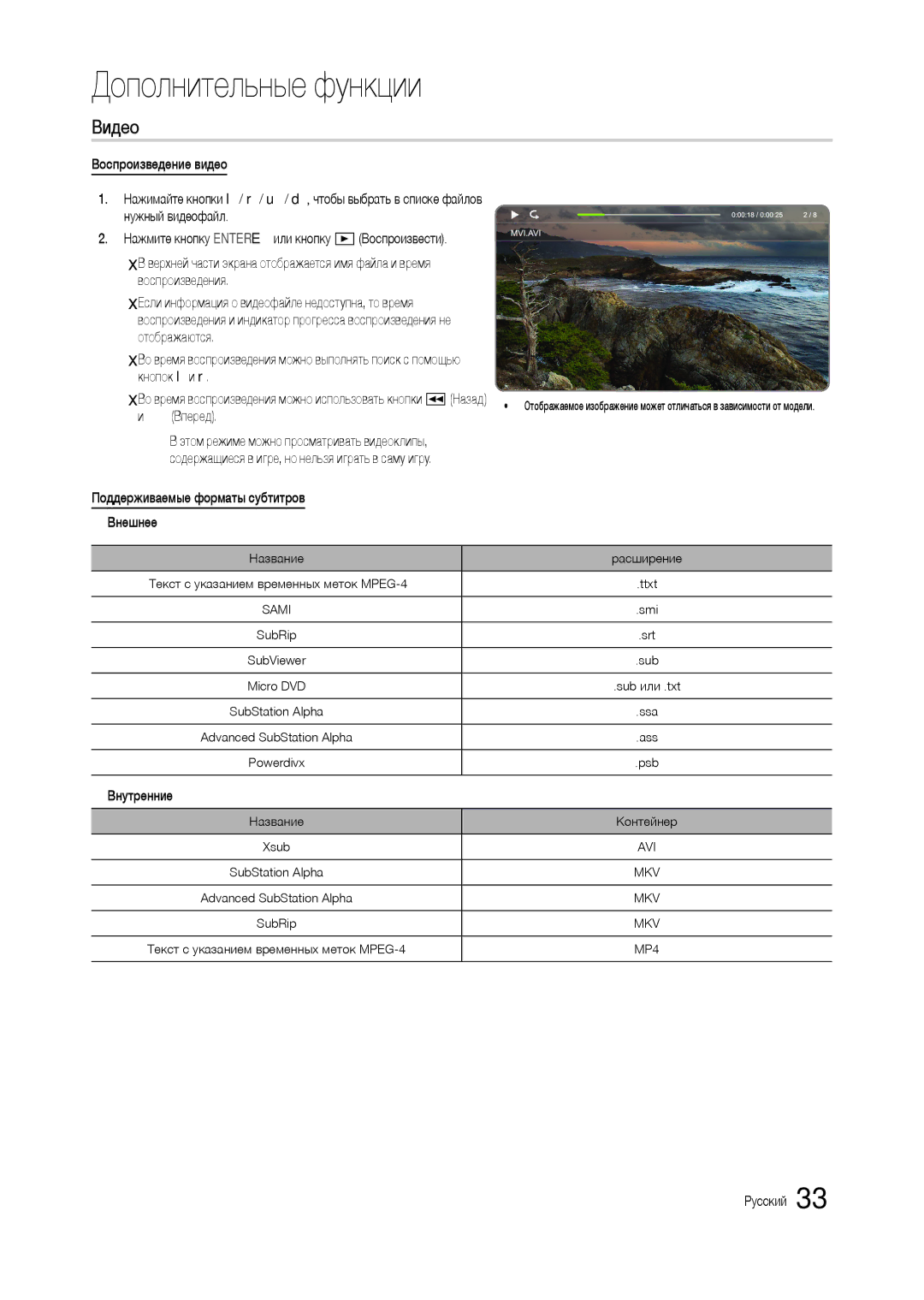 Samsung LT19C300EW/EN, LT24C300EWZ/EN, LT24C300EW/EN manual Видео, Поддерживаемые форматы субтитров Внешнее, Внутренние 