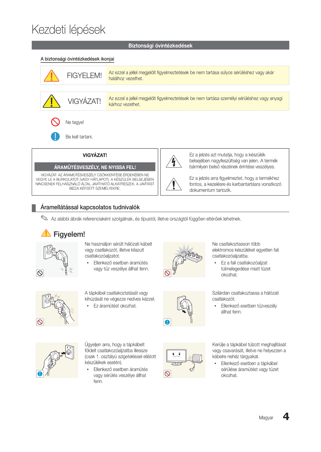 Samsung LT22C300EW/EN, LT24C300EWZ/EN Kezdeti lépések, Áramellátással kapcsolatos tudnivalók, Biztonsági óvintézkedések 