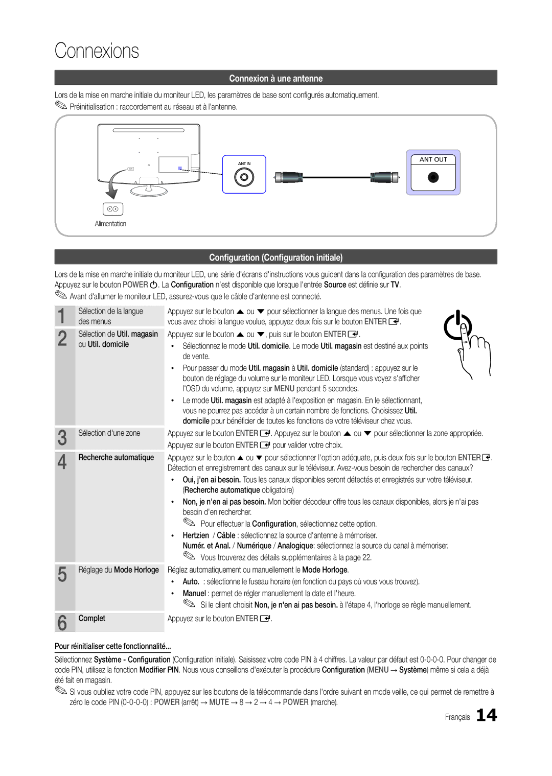 Samsung LT22C300EW/EN Connexion à une antenne, Configuration Configuration initiale, Des menus, Ou Util. domicile, Complet 