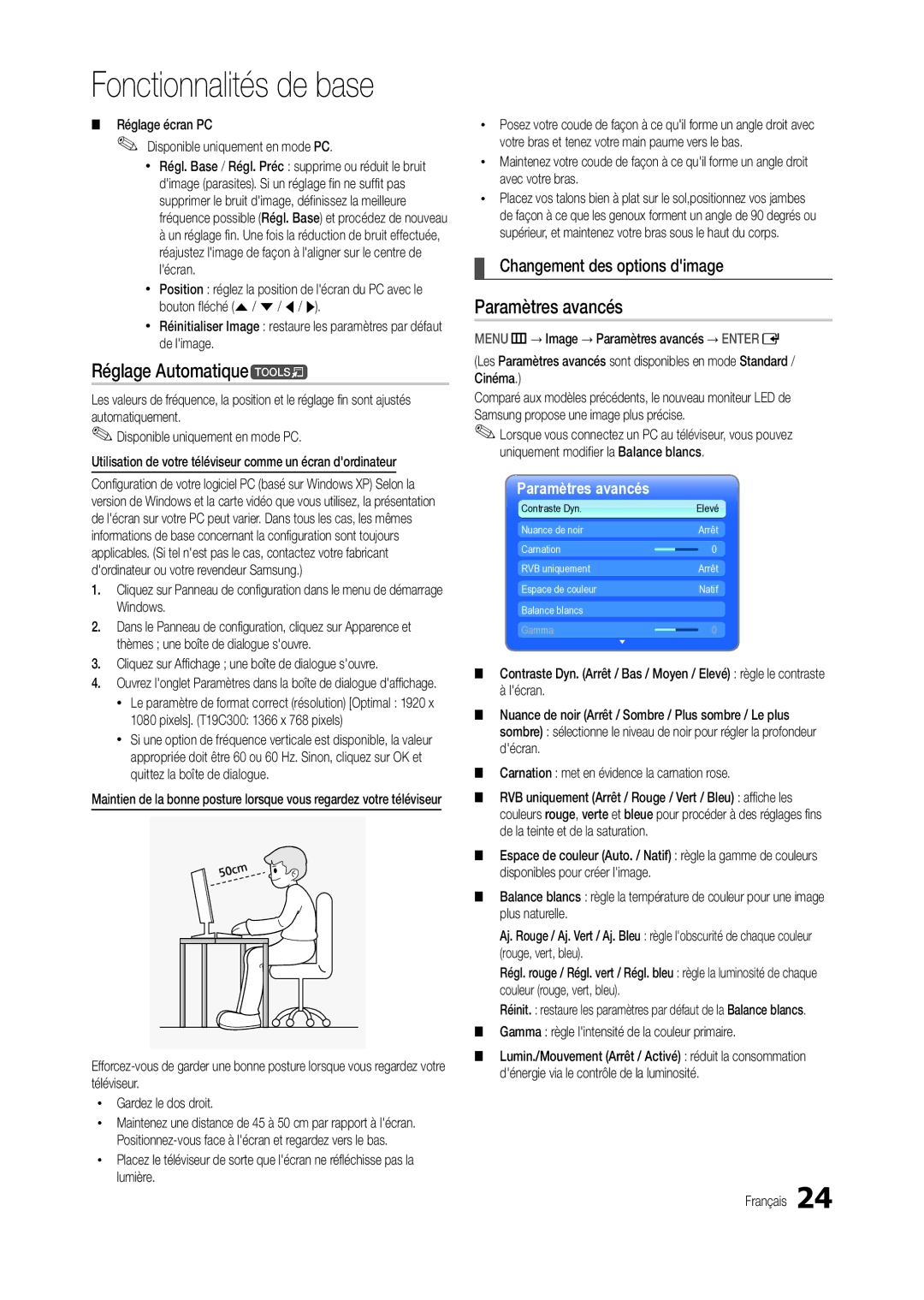 Samsung LT22C300EW/EN, LT24C300EWZ/EN manual Réglage Automatiquet, Paramètres avancés, Changement des options dimage 