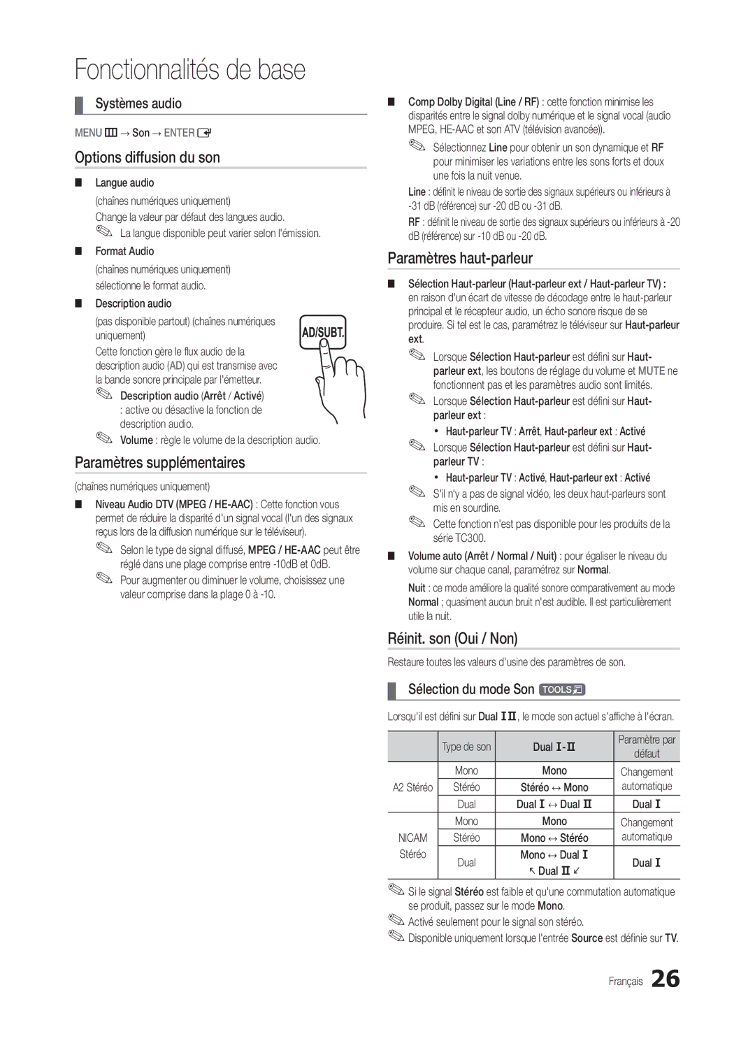 Samsung LT19C300EW/EN Options diffusion du son, Paramètres supplémentaires, Paramètres haut-parleur, Réinit. son Oui / Non 