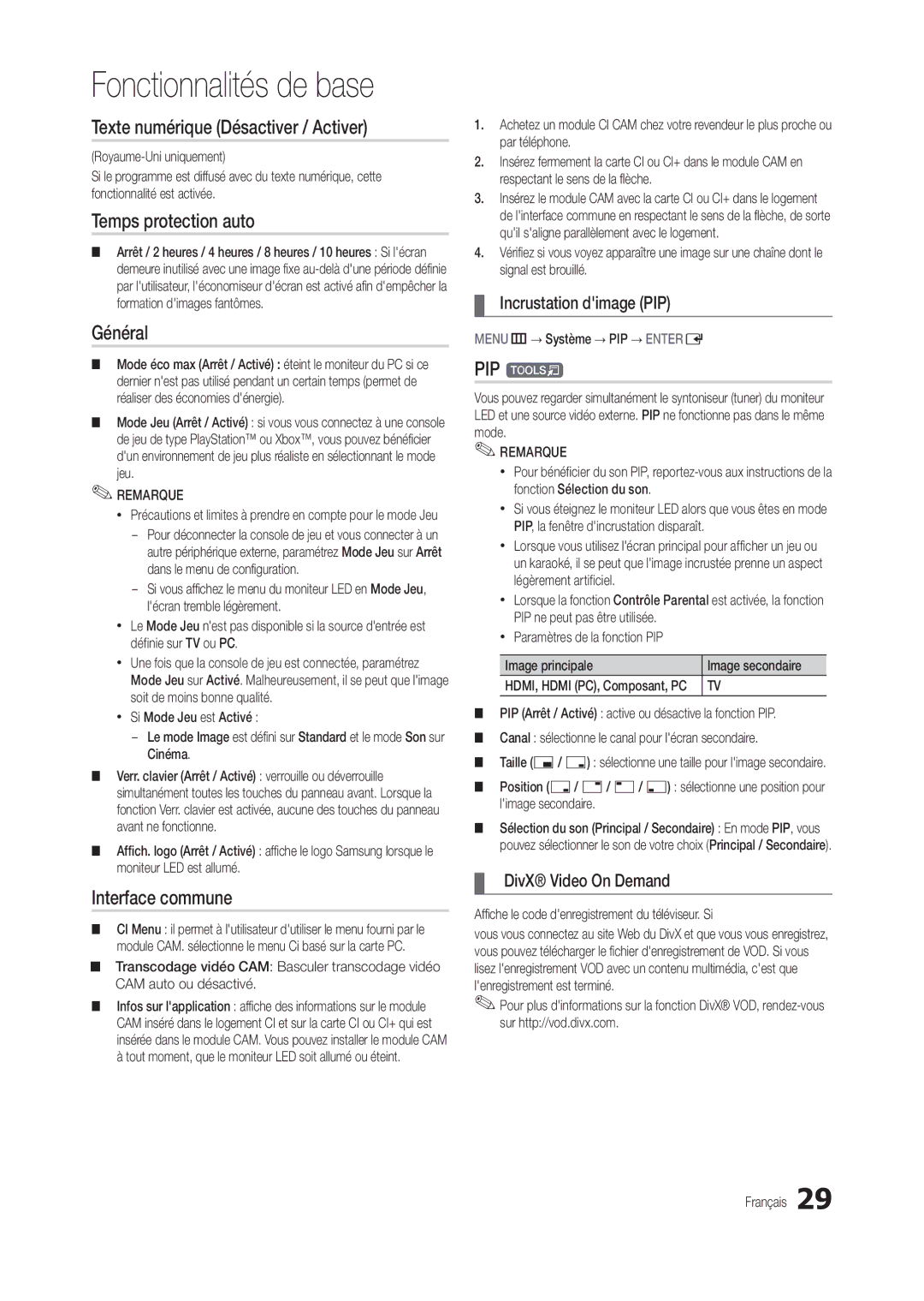 Samsung LT22C300EW/EN manual Texte numérique Désactiver / Activer, Temps protection auto, Général, Interface commune, PIP t 