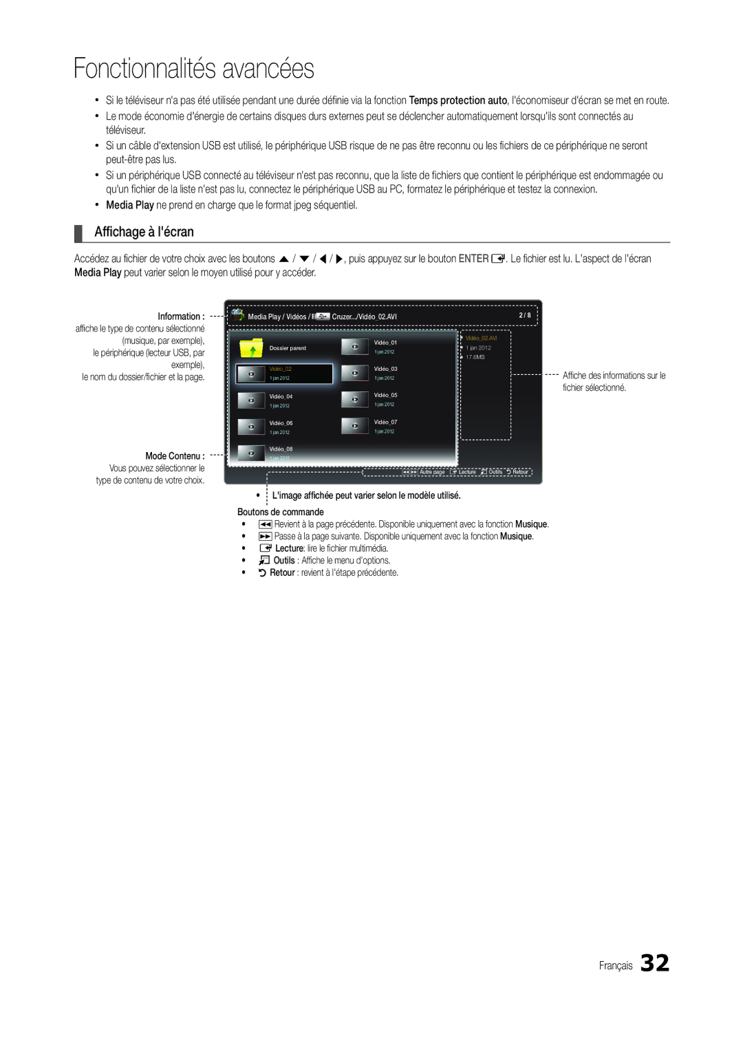 Samsung LT24C300EW/EN, LT24C300EWZ/EN, LT19C300EW/EN manual Affichage à lécran, Media Play / Vidéos Cruzer.../Vidéo02.AVI 