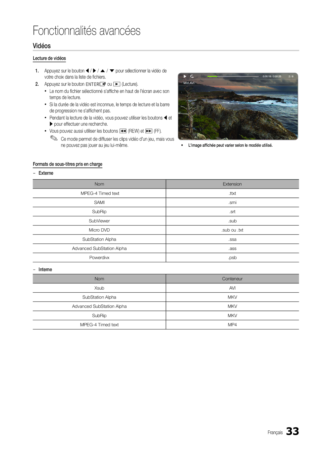 Samsung LT27C370EW/EN Vidéos, Ne pouvez pas jouer au jeu lui-même, Formats de sous-titres pris en charge Externe, Interne 