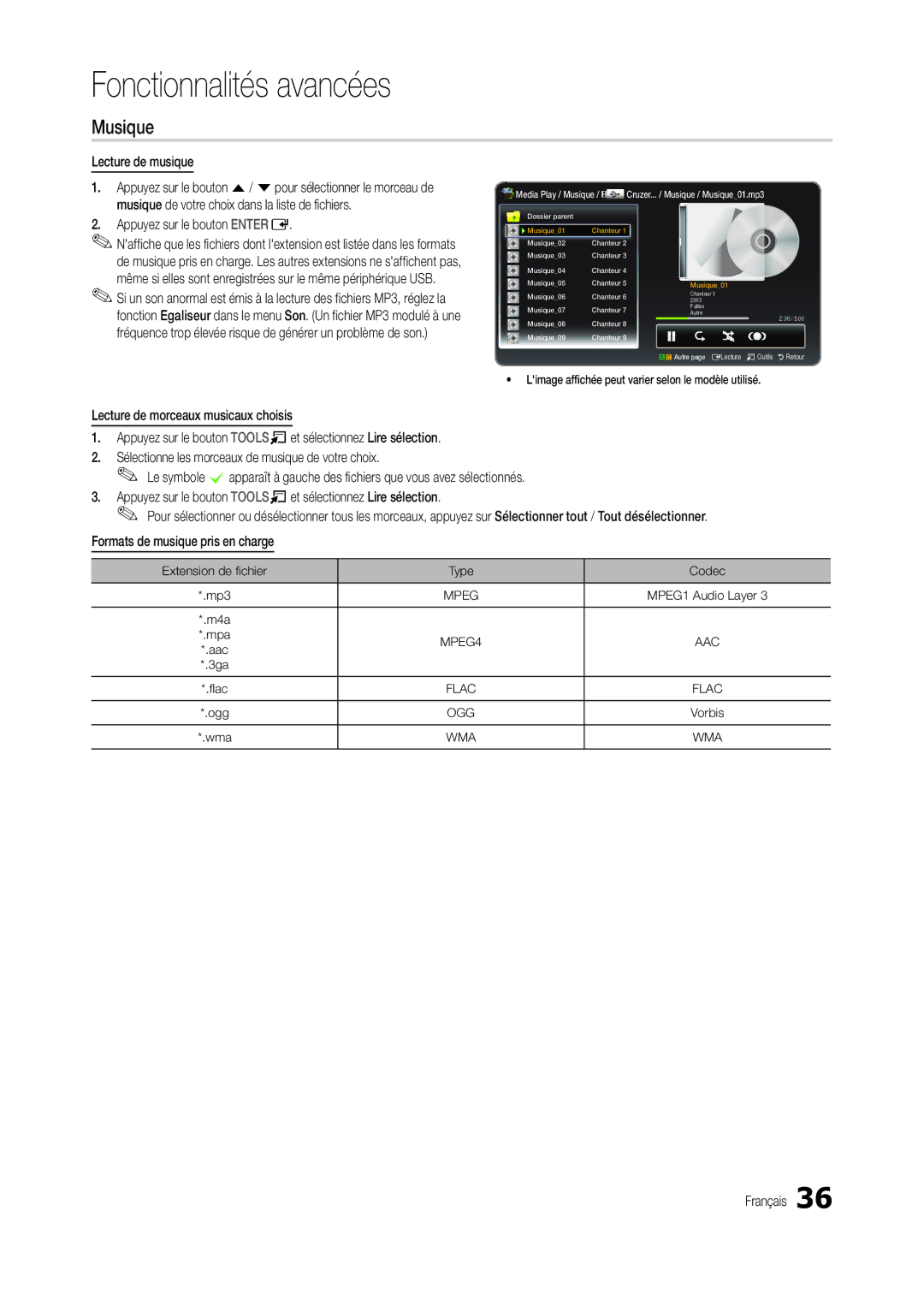 Samsung LT19C300EW/EN, LT24C300EWZ/EN, LT24C300EW/EN manual Musique, Lecture de musique, Extension de fichier Type Codec 