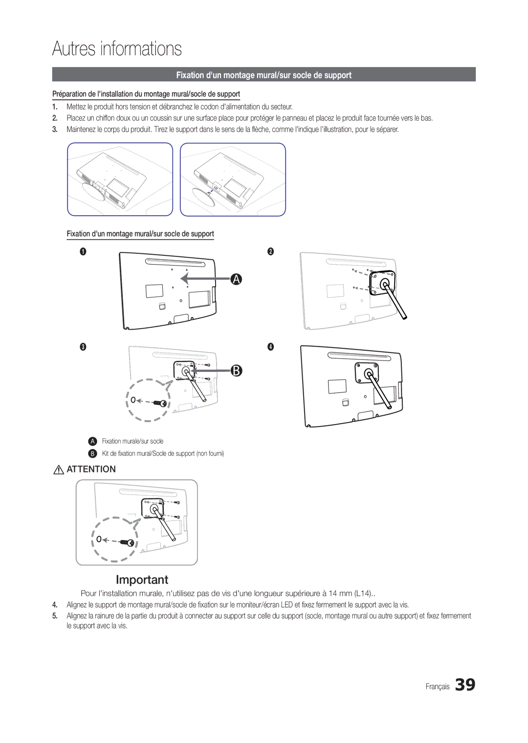 Samsung LT22C300EW/EN, LT24C300EWZ/EN, LT19C300EW/EN, LT24C300EW/EN manual Fixation dun montage mural/sur socle de support 