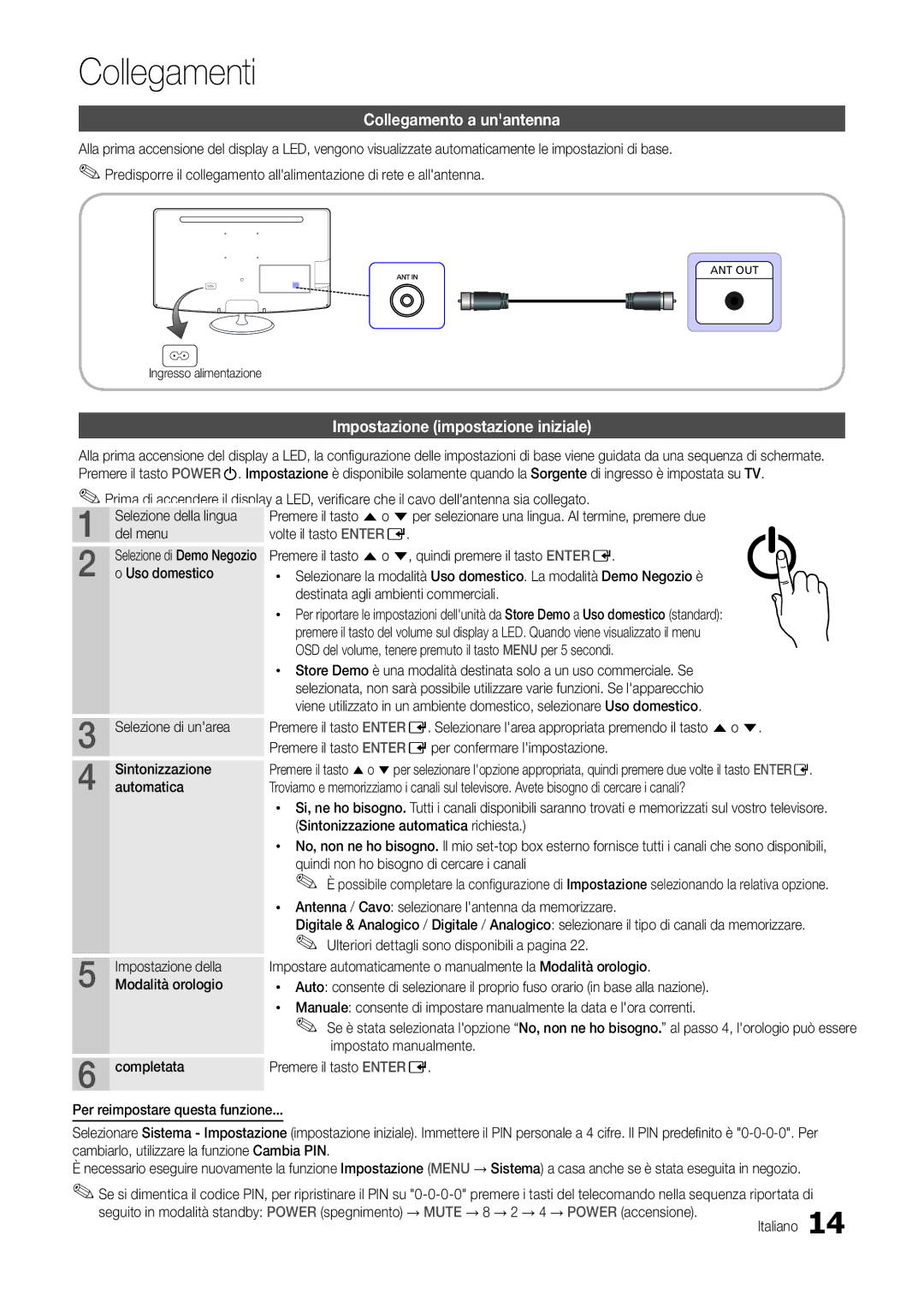 Samsung LT22C300EW/EN, LT24C300EWZ/EN manual Collegamenti, Collegamento a unantenna, Impostazione impostazione iniziale 