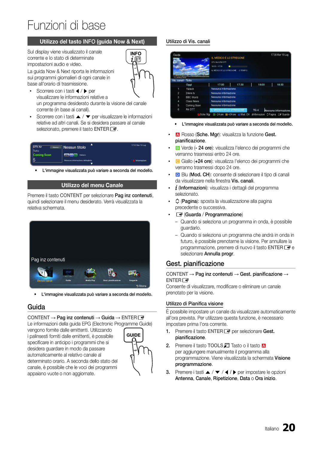 Samsung LT24C300EWZ/EN Guida, Gest. pianificazione, Utilizzo del tasto Info guida Now & Next, Utilizzo del menu Canale 