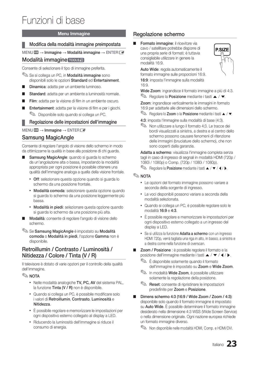 Samsung LT27C370EW/EN, LT24C300EWZ/EN, LT19C300EW/EN manual Modalità immaginet, Samsung MagicAngle, Regolazione schermo 