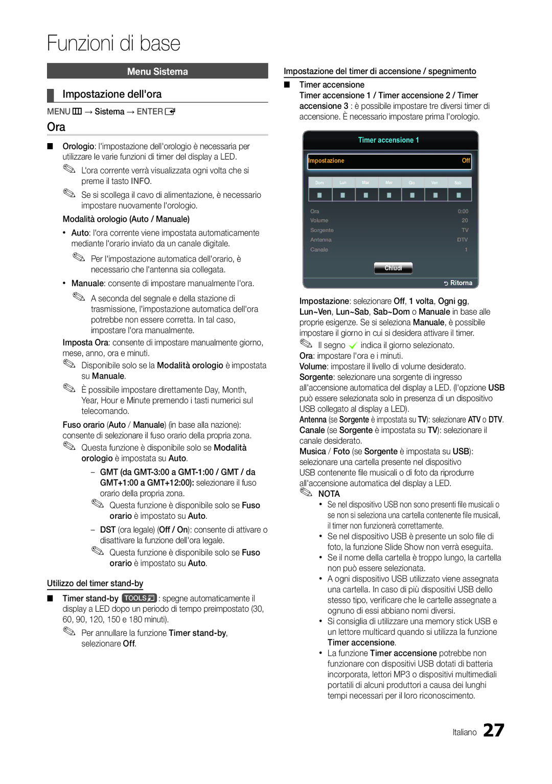 Samsung LT24C300EW/EN, LT24C300EWZ/EN, LT19C300EW/EN, LT27C370EW/EN, LT22C300EW/EN Ora, Impostazione dellora, Menu Sistema 