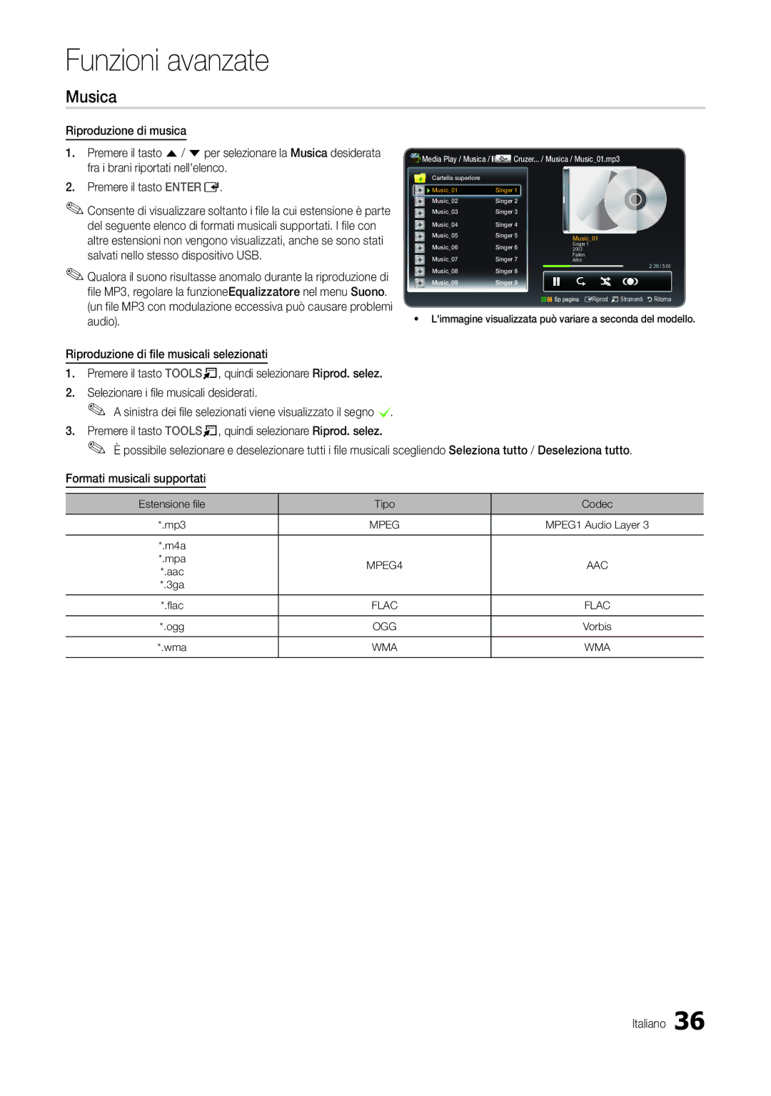 Samsung LT19C300EW/EN manual Musica, Riproduzione di file musicali selezionati, Estensione file Tipo Codec Mp3, Wma 