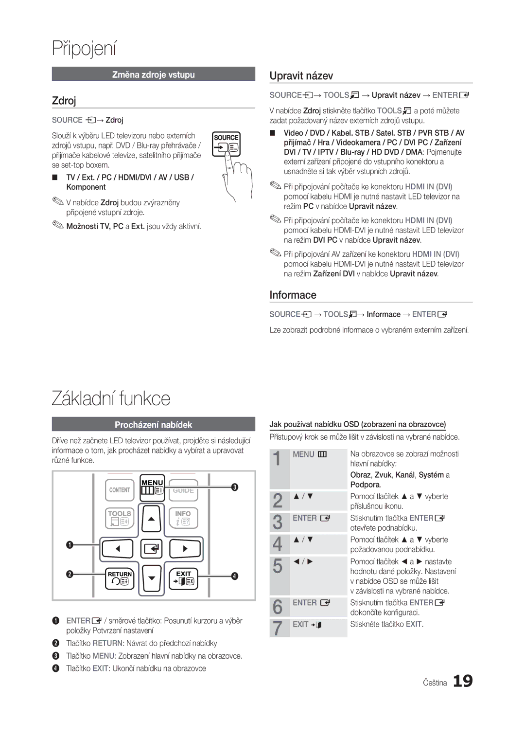 Samsung LT22C300EW/EN, LT24C300EWZ/EN, LT19C300EW/EN, LT24C300EW/EN manual Základní funkce, Zdroj, Upravit název, Informace 