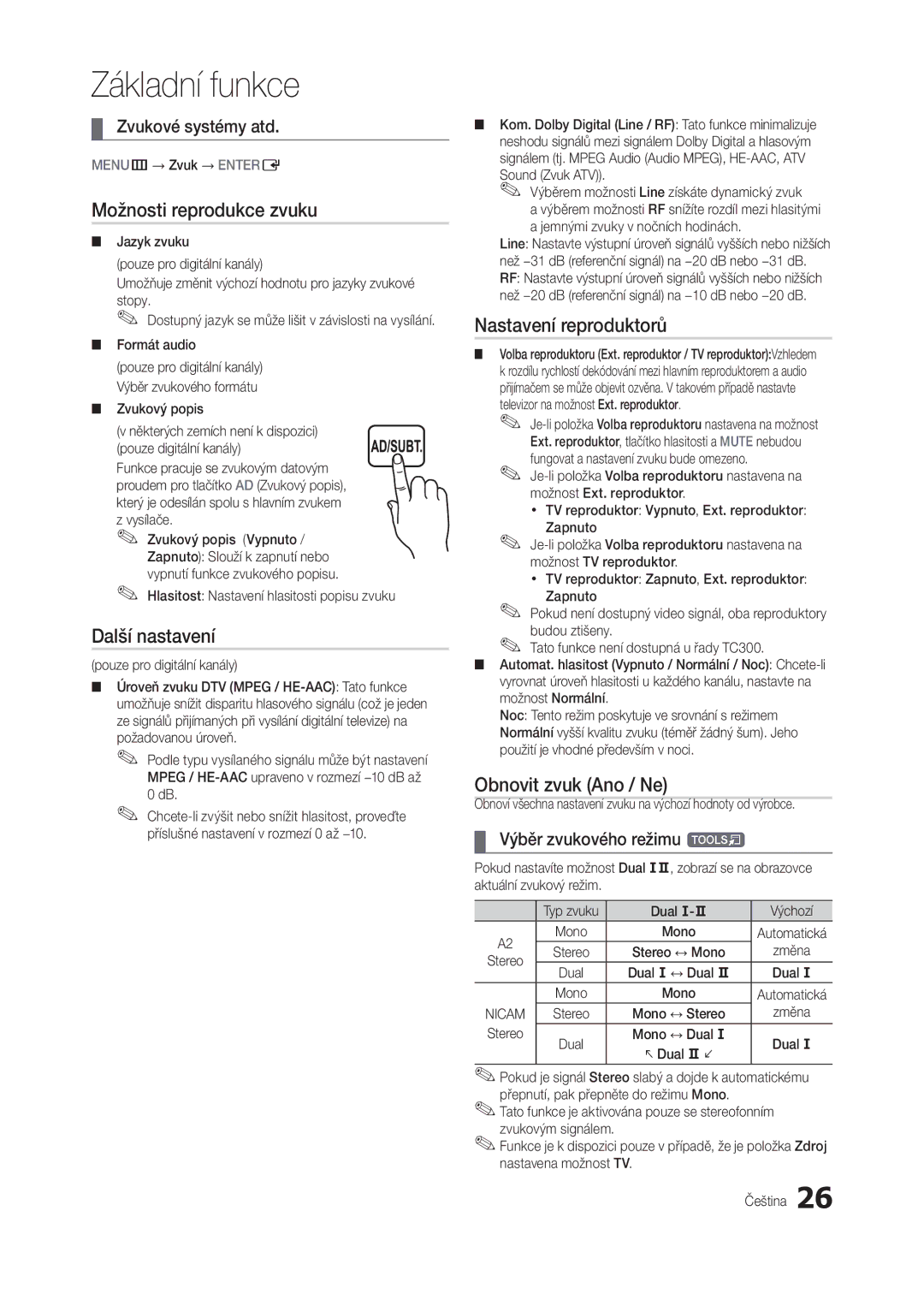 Samsung LT19C300EW/EN manual Možnosti reprodukce zvuku, Další nastavení, Nastavení reproduktorů, Obnovit zvuk Ano / Ne 