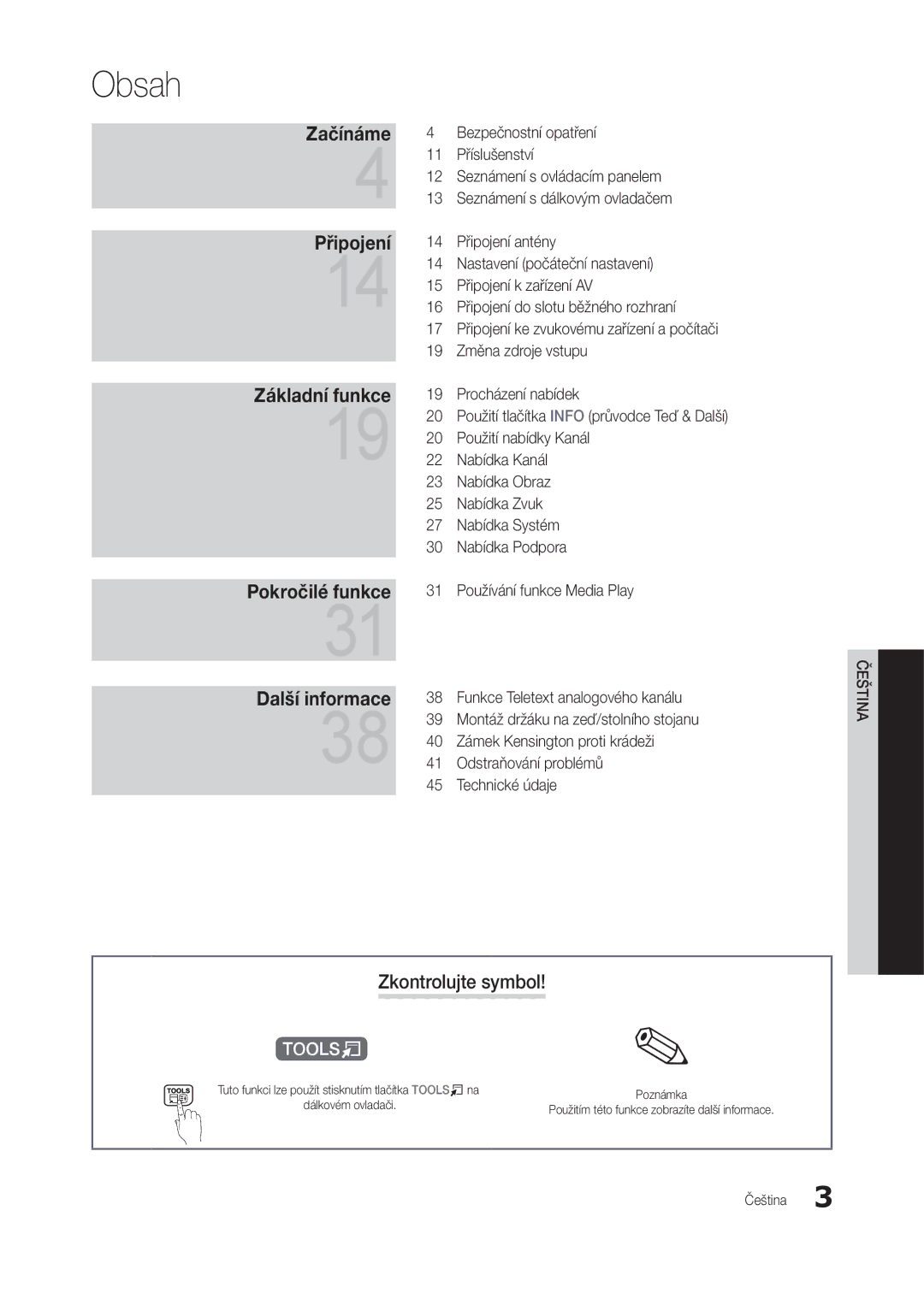 Samsung LT27C370EW/EN, LT24C300EWZ/EN, LT19C300EW/EN, LT24C300EW/EN, LT22C300EW/EN manual Obsah, Zkontrolujte symbol 