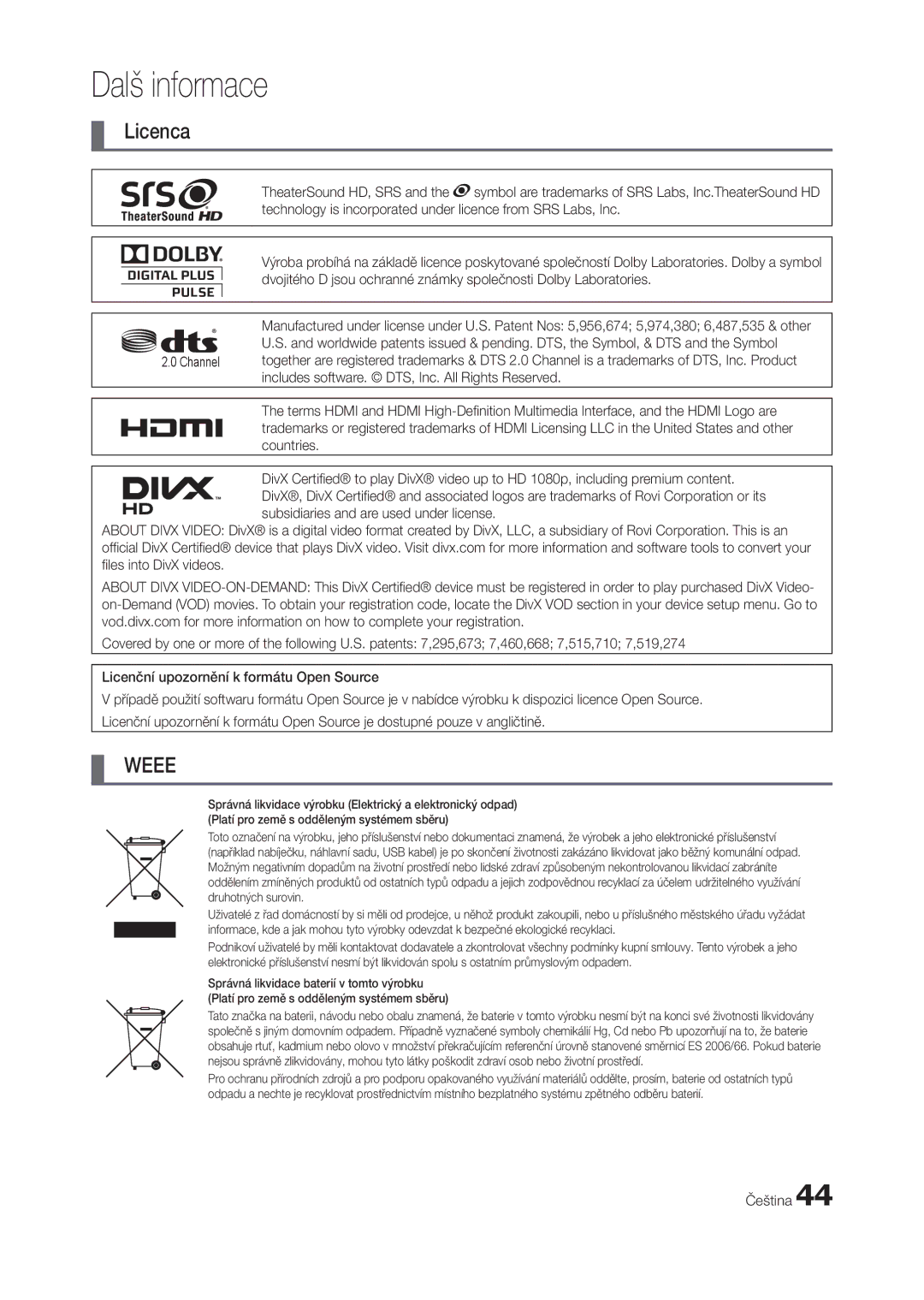 Samsung LT22C300EW/EN, LT24C300EWZ/EN, LT19C300EW/EN, LT24C300EW/EN, LT27C370EW/EN manual Dalš informace, Licenca 