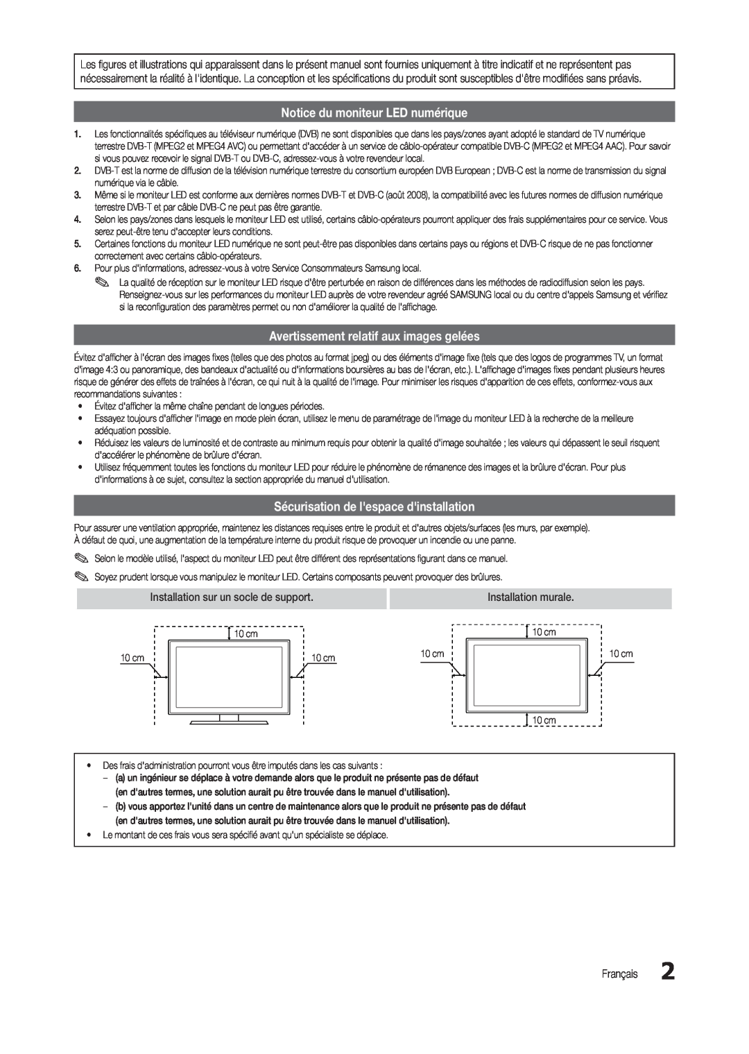 Samsung LT24C300EW/EN manual Notice du moniteur LED numérique, Avertissement relatif aux images gelées, Installation murale 