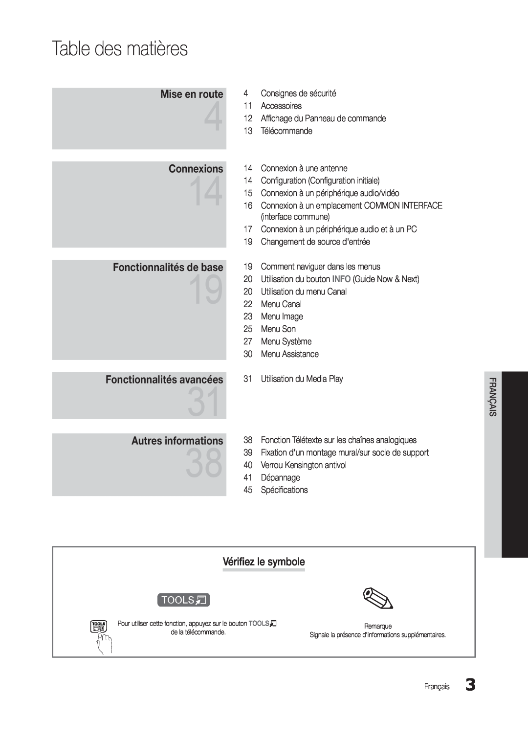 Samsung LT27C370EW/EN manual Table des matières, Vérifiez le symbole, Mise en route, Connexions, Fonctionnalités de base 